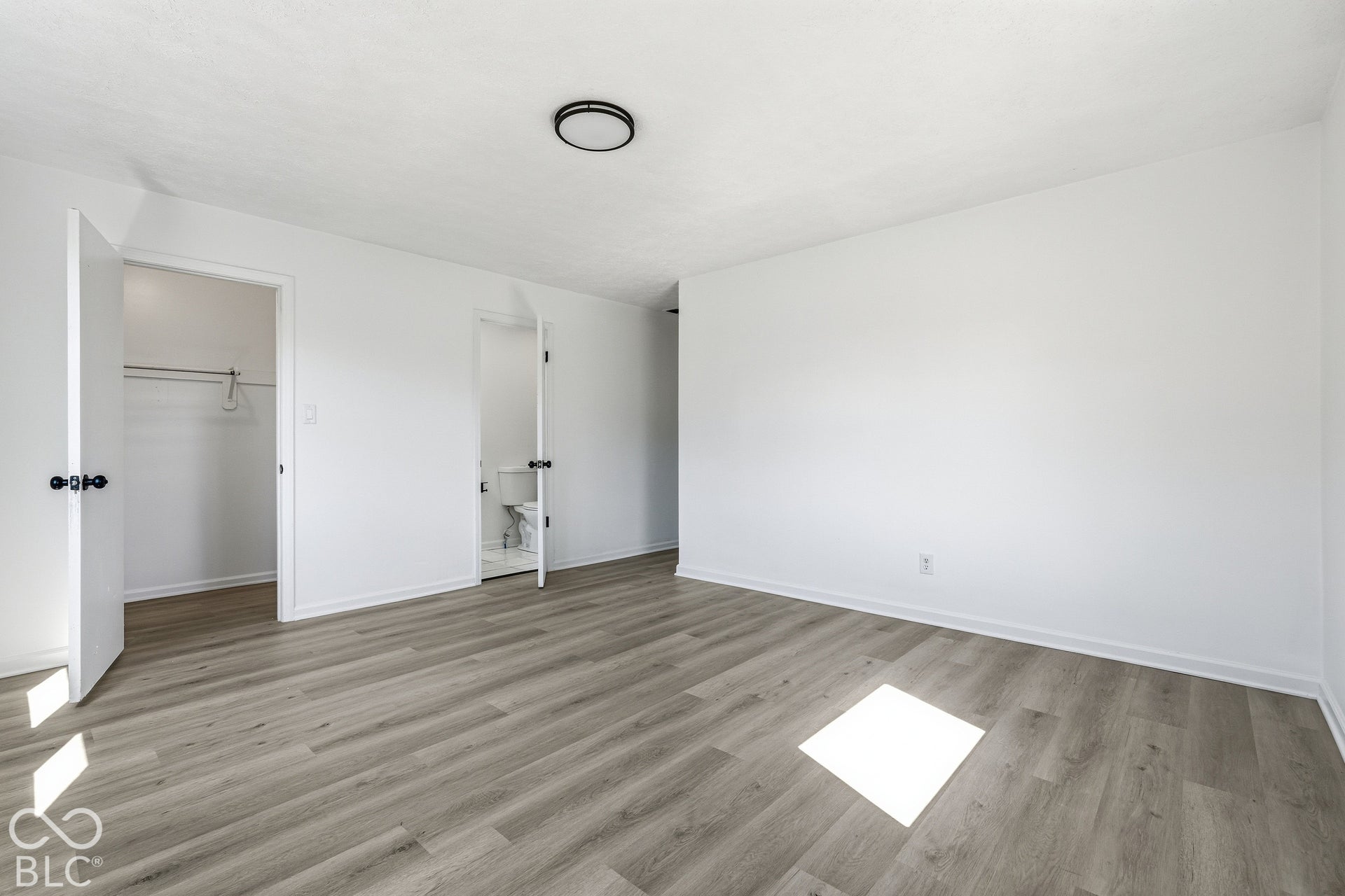 Light gray wood-finish flooring, white walls, black flush-mount ceiling light, white interior doors, and a closet with a built-in hanging rod