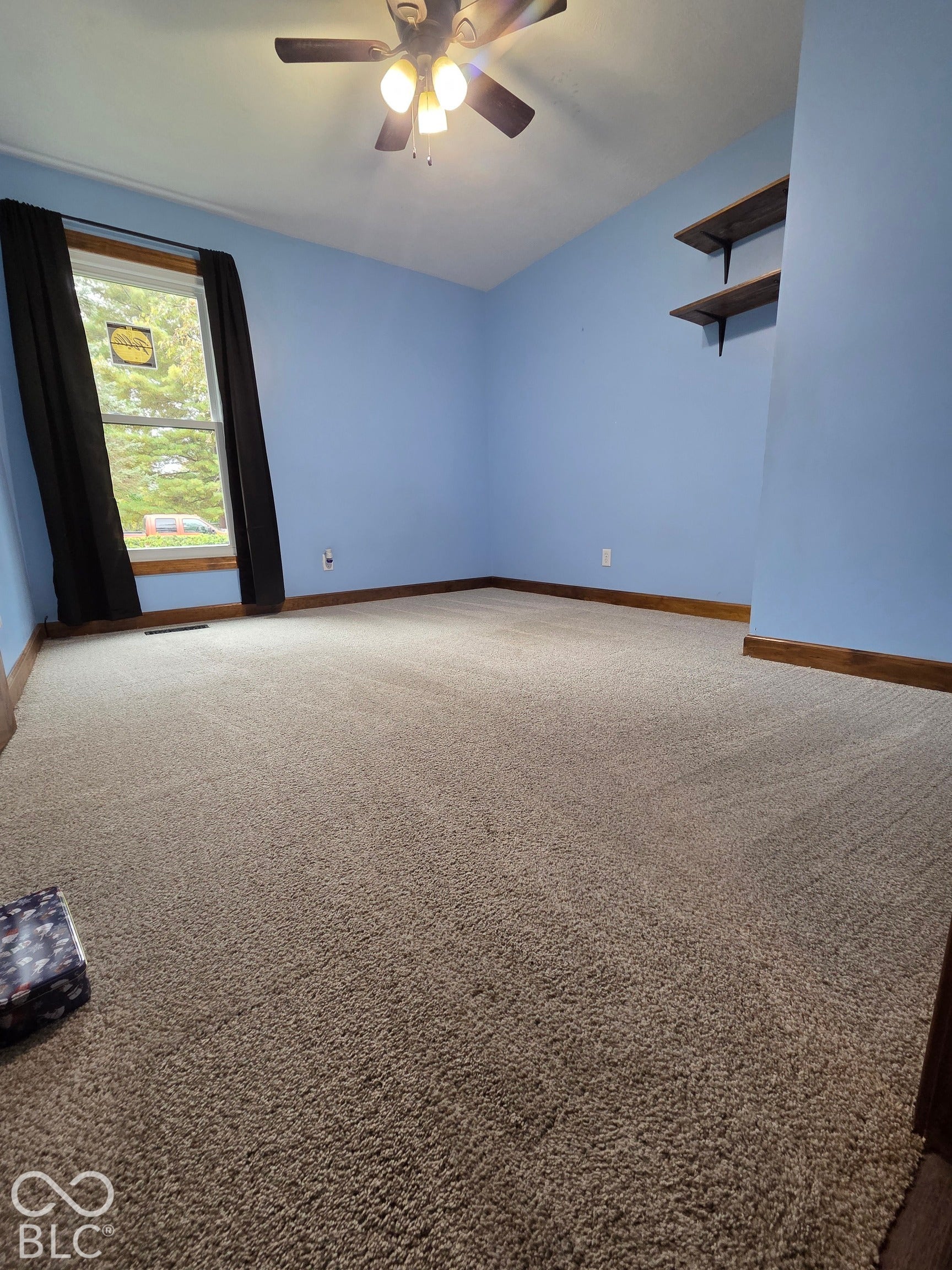 6614 Weil Drive, Brownsburg, IN 46112 Spacious room featuring neutral carpeting, a ceiling fan with integrated lighting, and built-in wall shelving