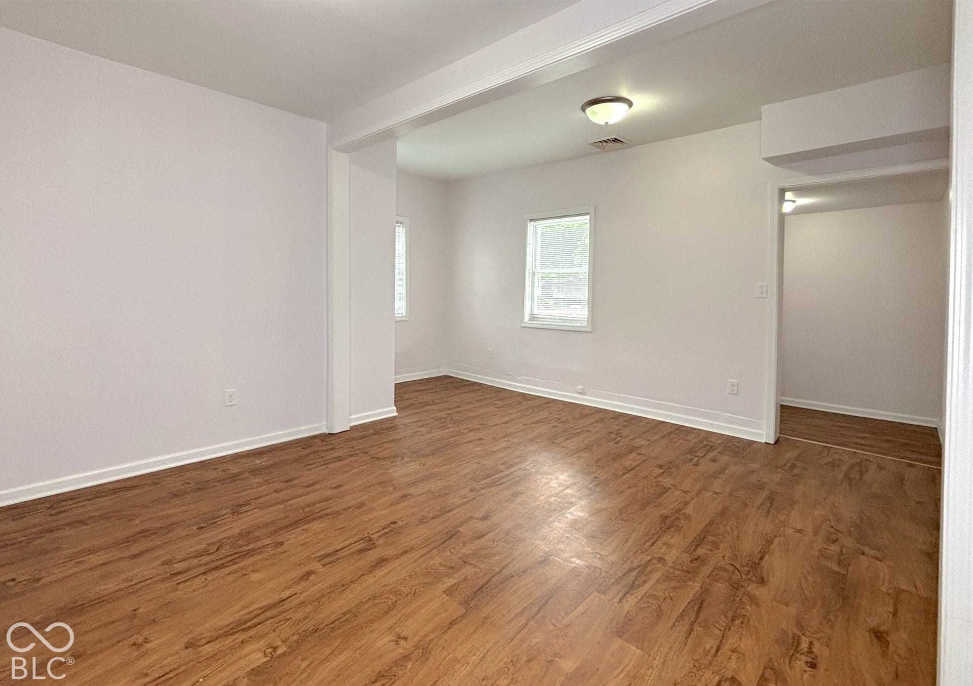 311 B Street S, Thorntown, IN 46071 Wood-finish flooring, white walls, white trim, and a flush-mount ceiling light fixture