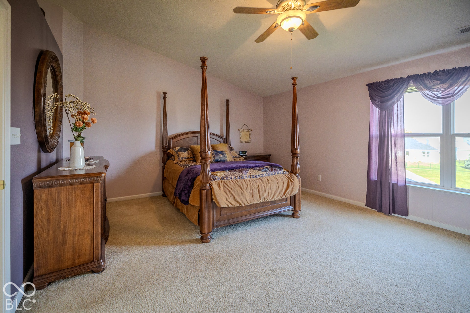 12046 Cowboys, Fishers, IN 46037 The primary bedroom has a vaulted ceiling, space for all your bedroom furniture and a ceiling fan.