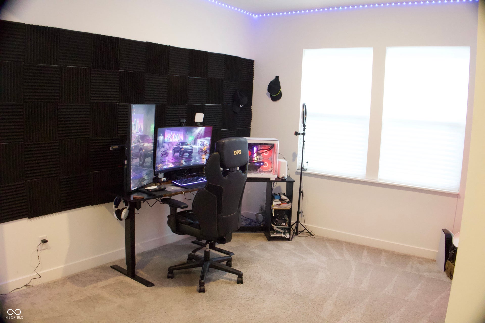 Room featuring neutral wall paint, light-toned carpet flooring, and two large windows with blinds