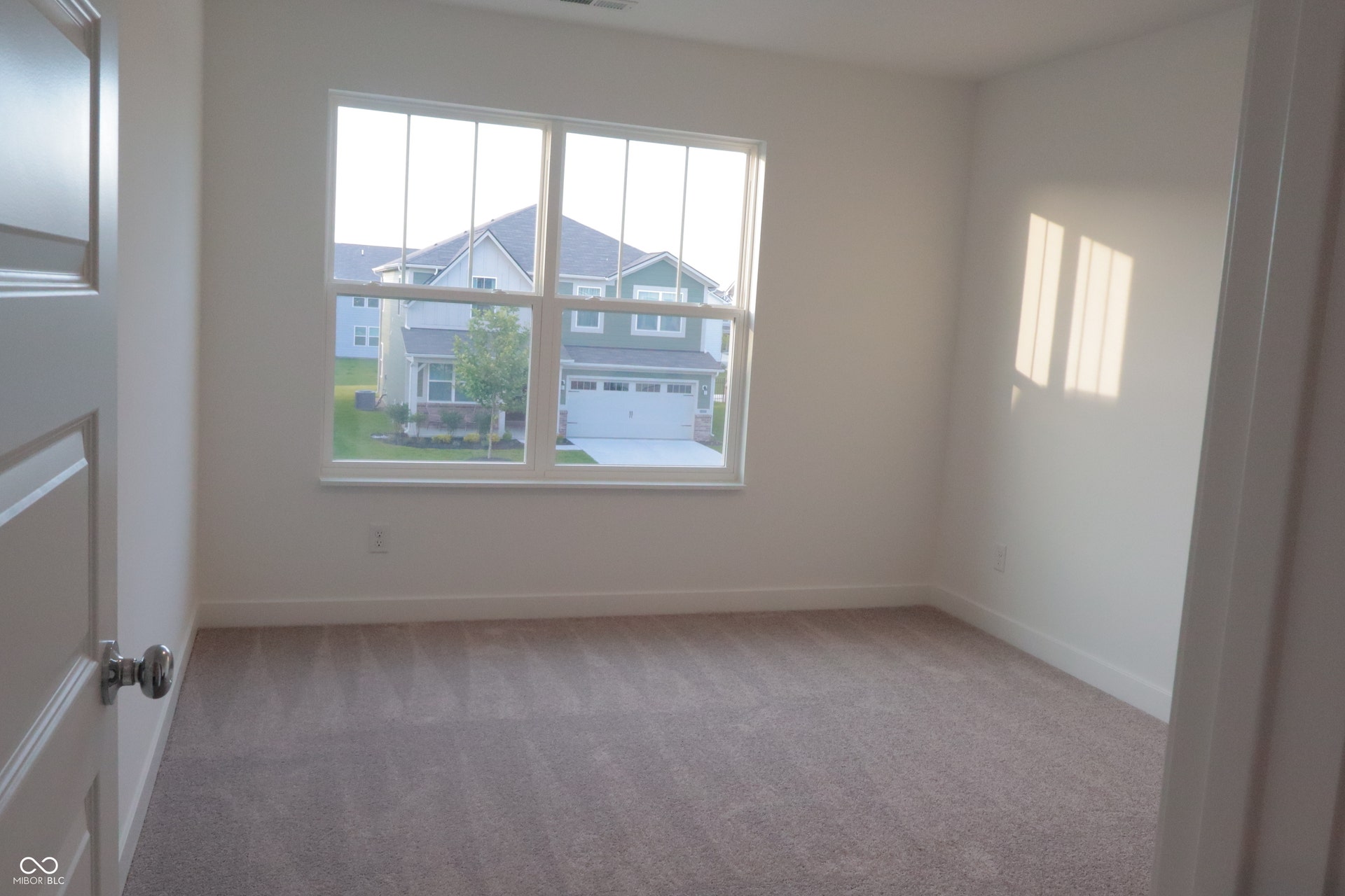 Bright interior space featuring a large multi-pane window, neutral carpet flooring, white baseboards, and a white interior door with a chrome knob