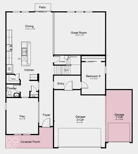 First Floor Plan - Additional Highlights Include: walk-in shower at primary bath, uncovered patio, and water softener rough-in
