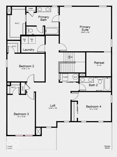 Second Floor Plan - Additional Highlights Include: walk-in shower at primary bath, uncovered patio, and water softener rough-in