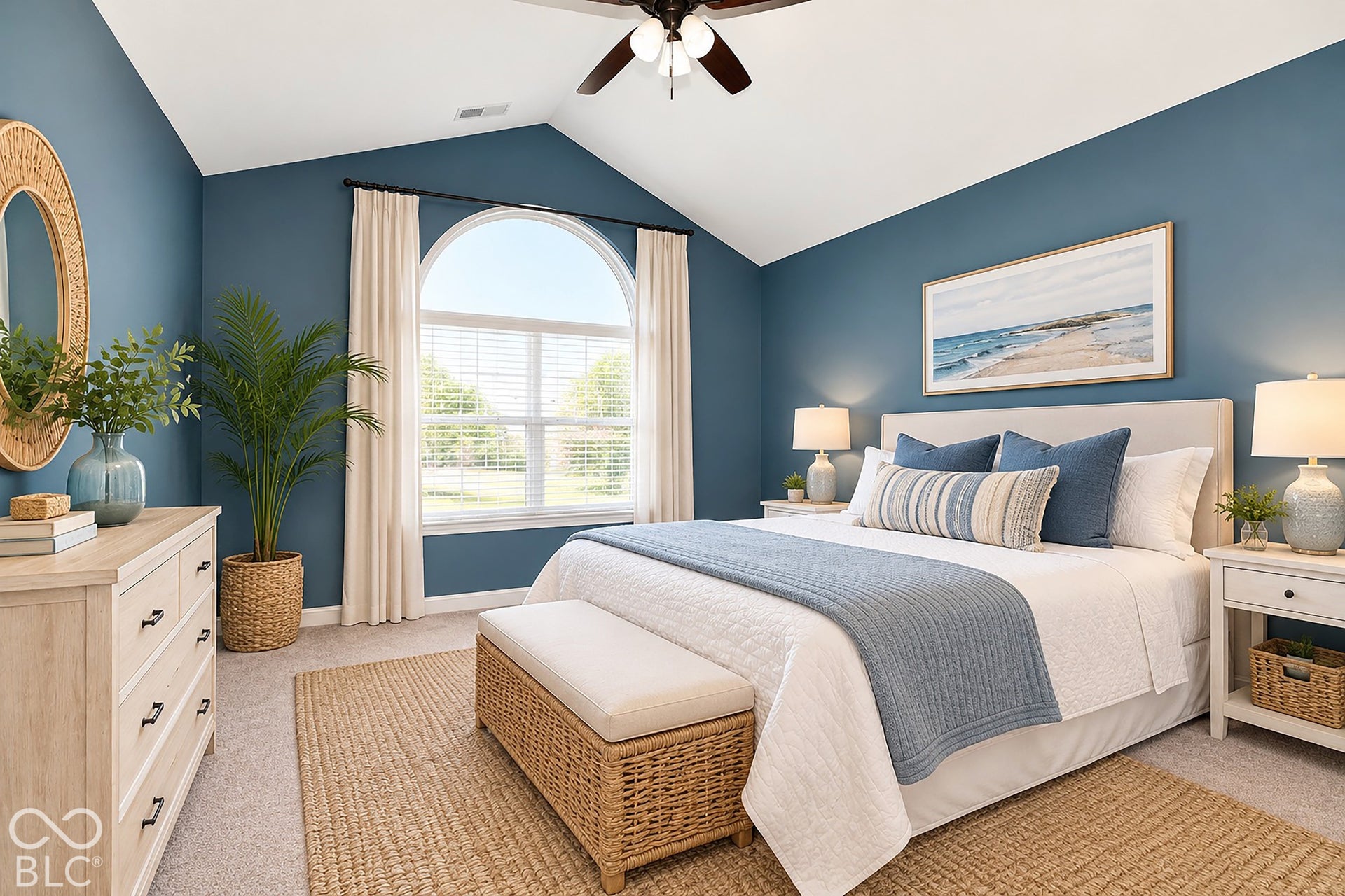 6673 Avila Way, Fishers, IN 46038 Virtually Altered - Vaulted ceiling with a ceiling fan, arched window with white blinds, and recessed lighting