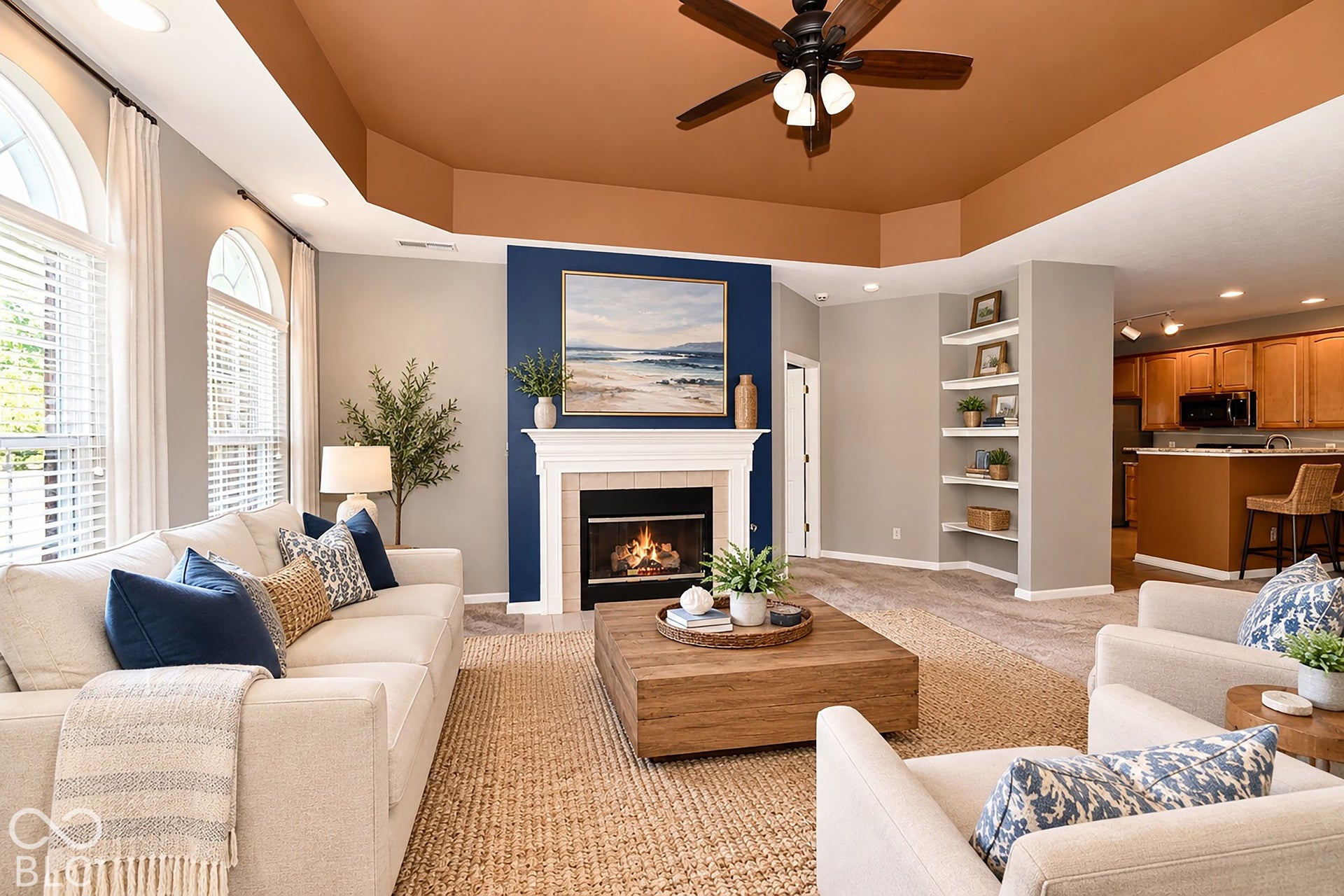 6673 Avila Way, Fishers, IN 46038 Virtually Altered - Recessed lighting and a ceiling fan fixture illuminate the living area