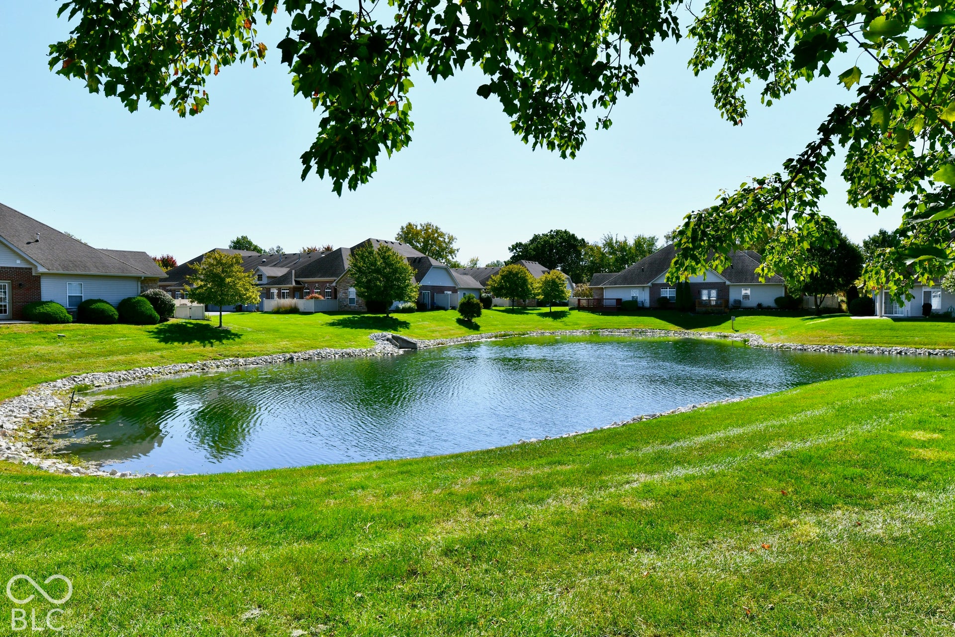 6673 Avila Way, Fishers, IN 46038 Lush green lawn with a tranquil pond, featuring a stone-lined bank and surrounding mature trees