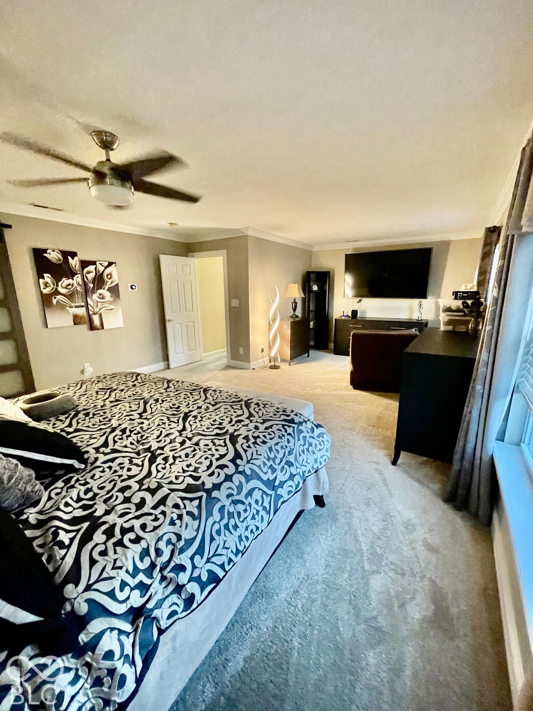 Carpeted flooring, ceiling fan with integrated lighting, crown molding, and window with blinds