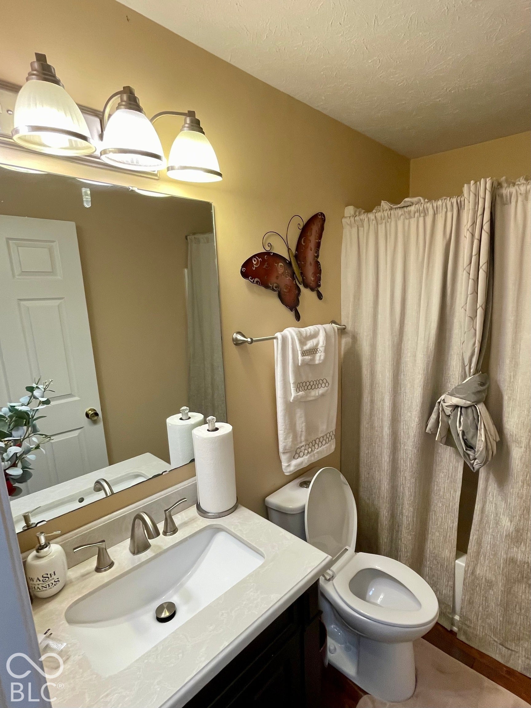 Vanity with integrated sink, brushed nickel faucet, and composite countertop...Main level full bath