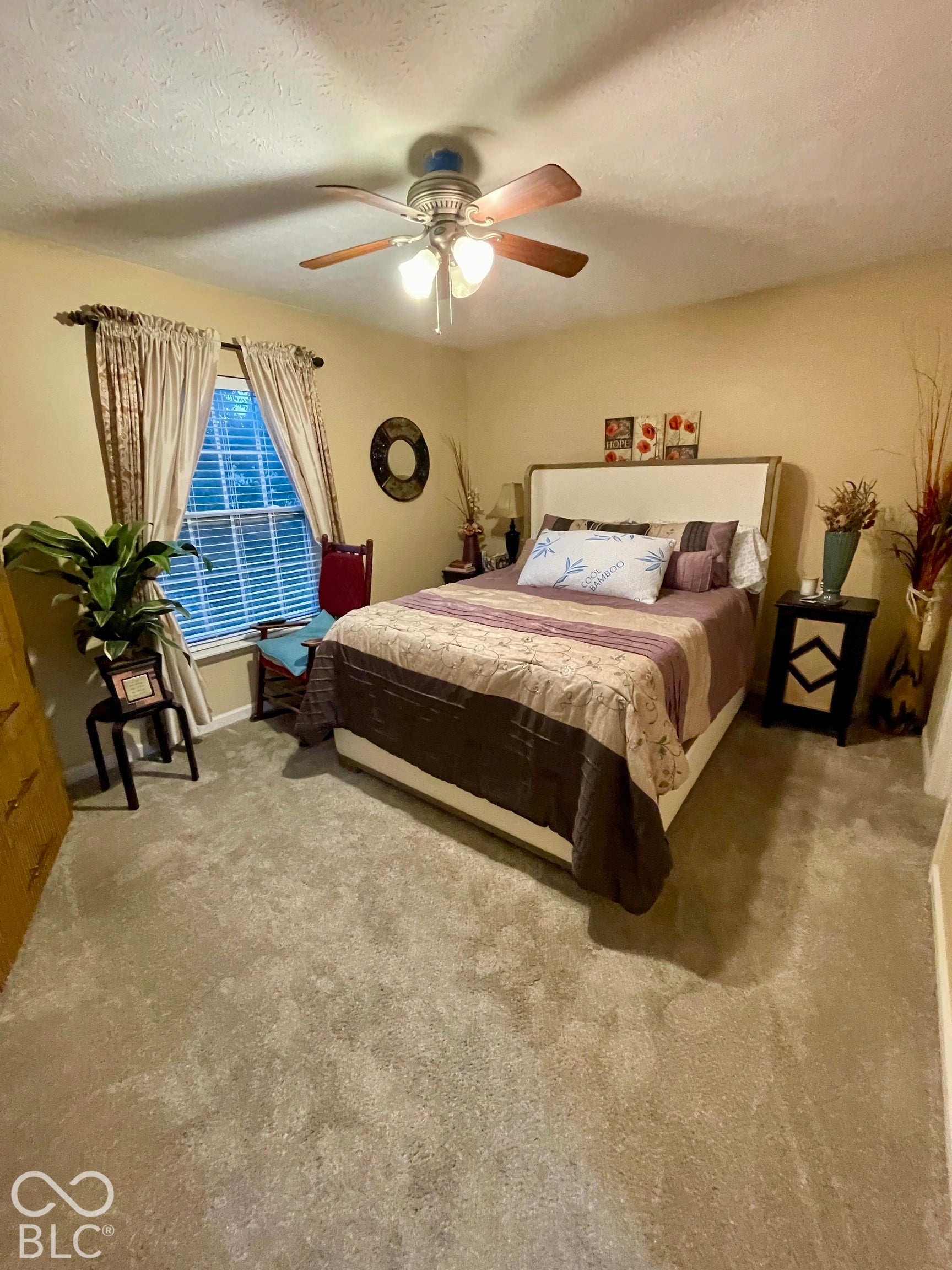 Carpeted flooring, ceiling fan with integrated lighting, window with blinds...Bedroom #3