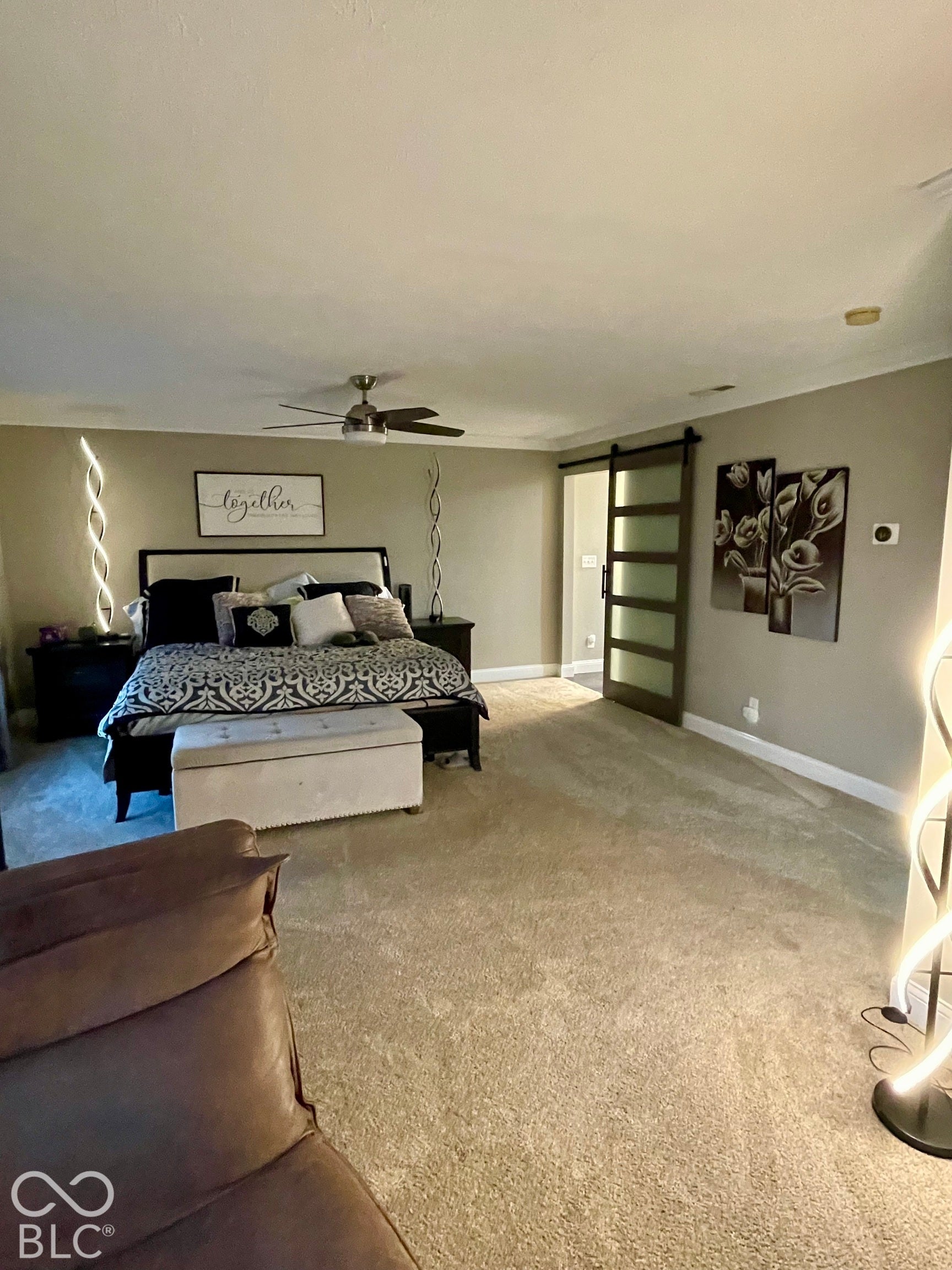 Textured carpeting, ceiling fan, and a barn door with frosted glass panels