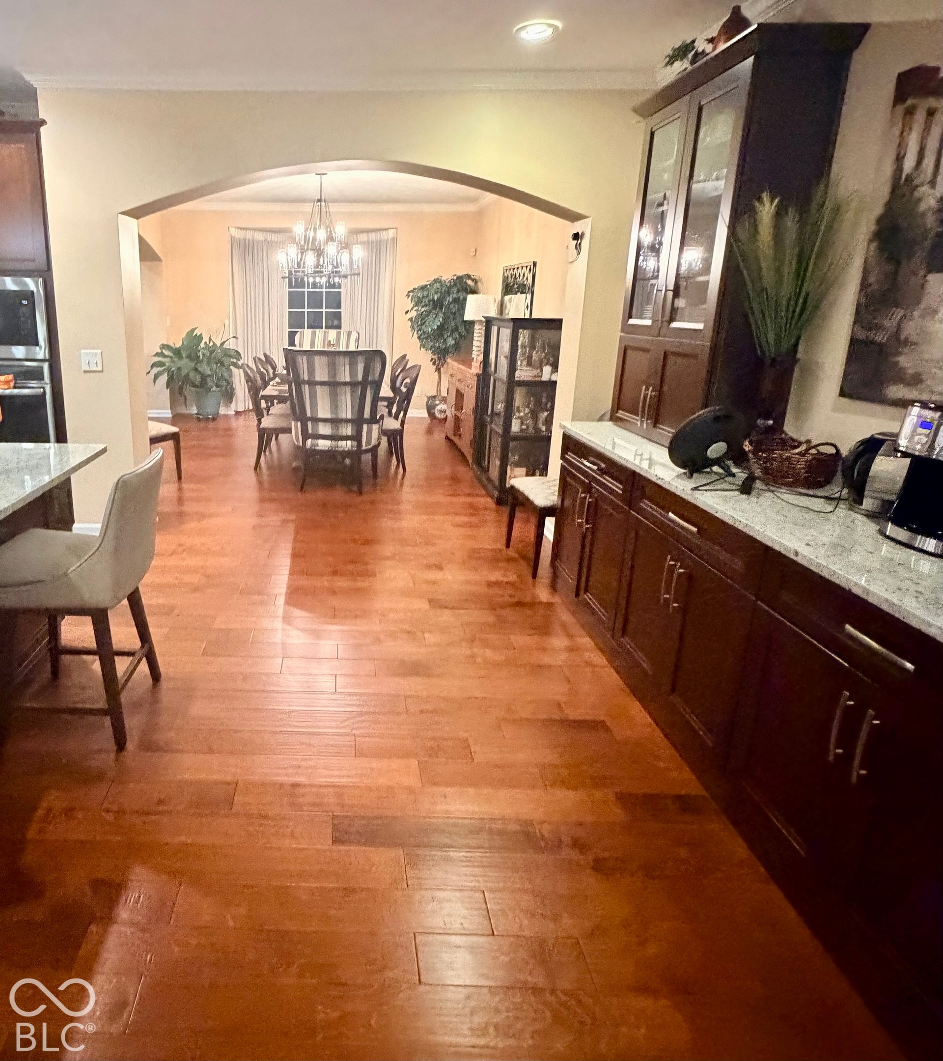 Archway entry to the dining area featuring wood-finish flooring, built-in cabinetry, and recessed lighting