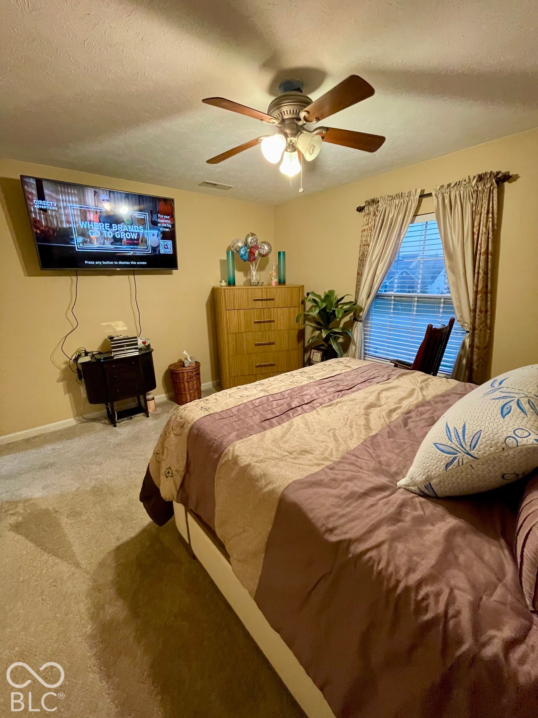 Ceiling fan with integrated lighting, wall-mounted television, window with blinds, and neutral-toned carpeting