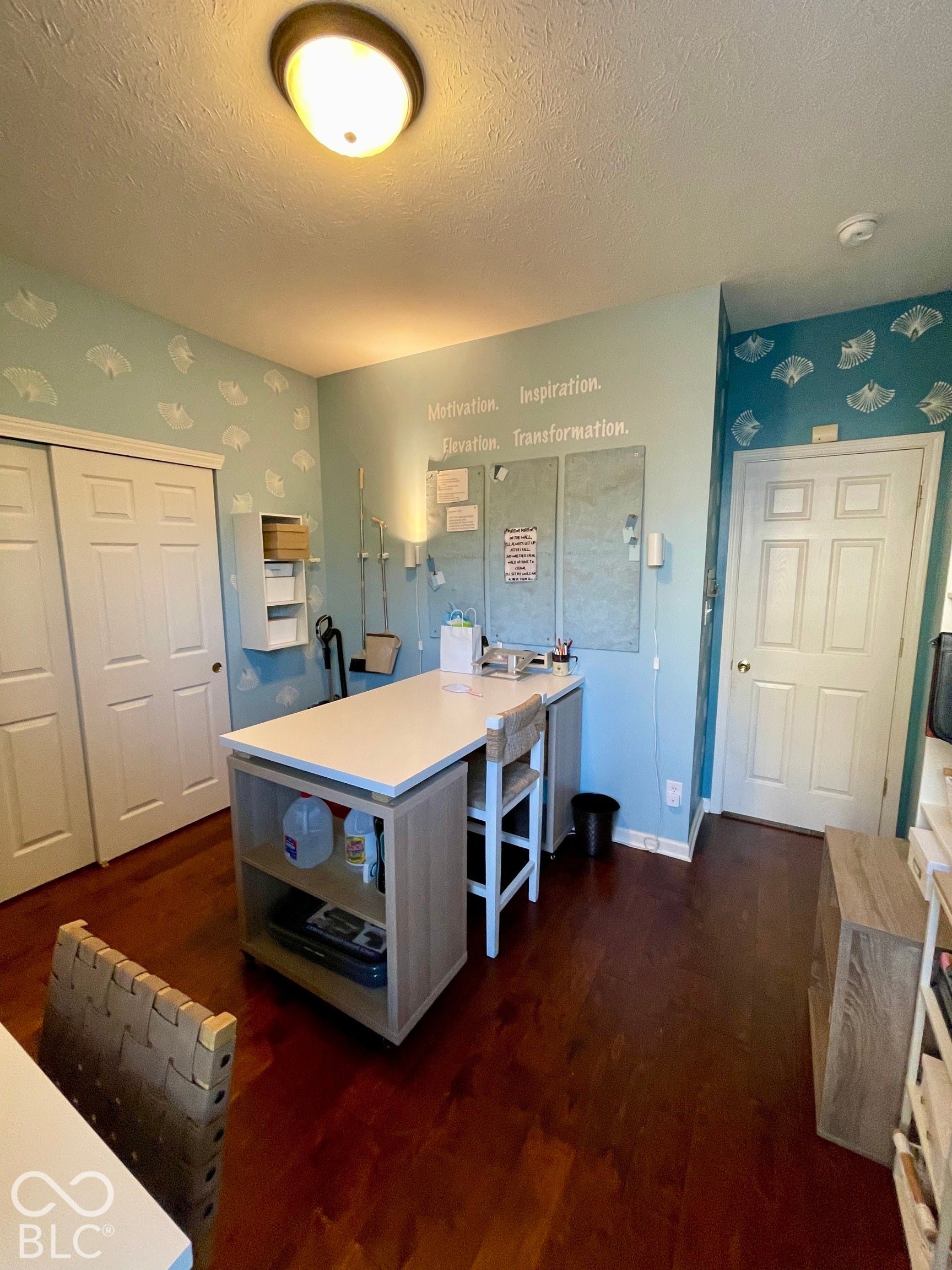 Hardwood flooring throughout, two panel interior doors, and a flush mount ceiling light fixture
