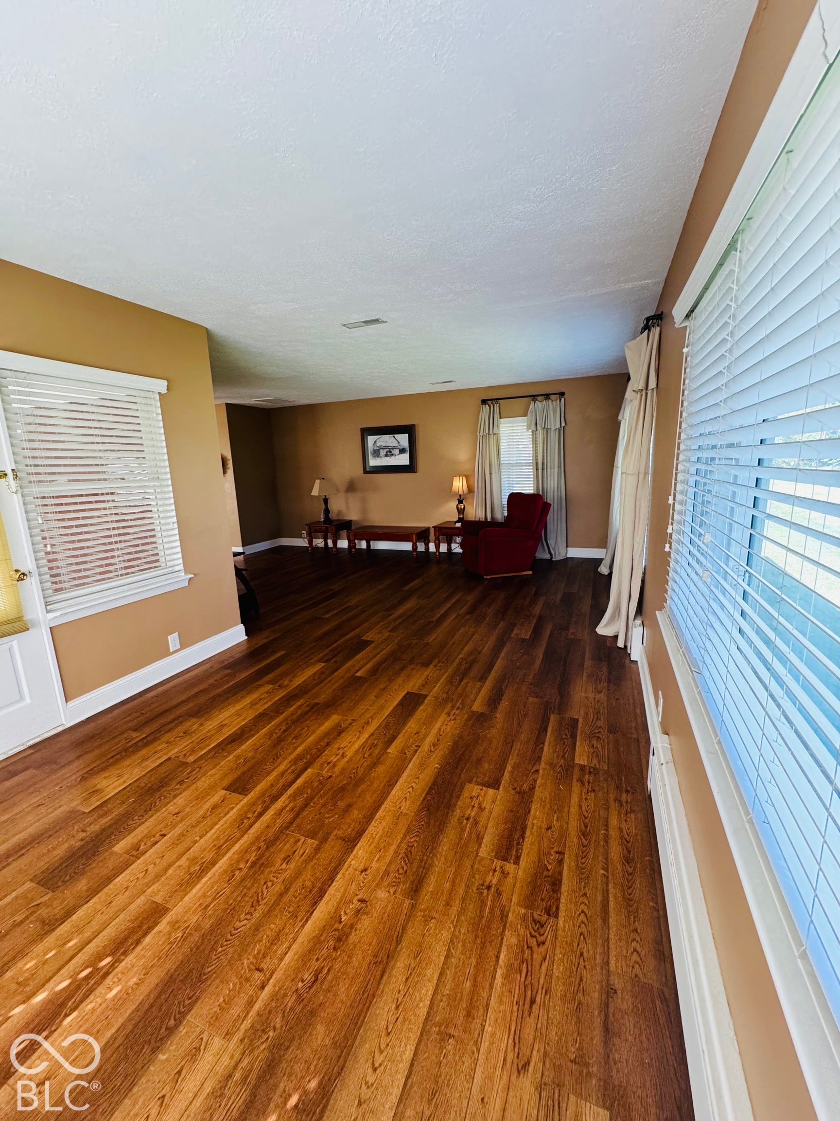 Wood-finish flooring throughout, multiple windows, and a neutral wall color
