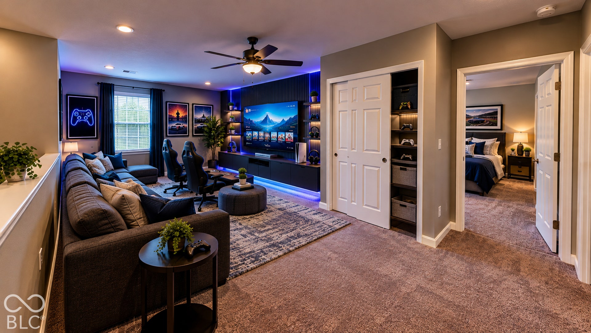 Virtually Altered - **AI ** This is the "LOFT" This room includes recessed lighting, ceiling fan, carpet flooring, and a sliding closet door for extra storage. You could put a "daybed" in there instead for extra sleep space for guest etc.