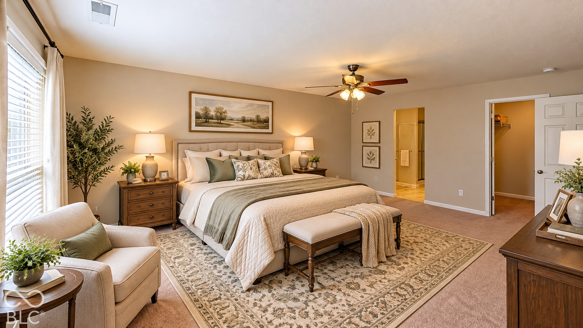 Virtually Altered - Bedroom#3 | *AI ALTERED TO SHOW WHAT IT COULD LOOK LIKE * Spacious bedroom featuring light neutral wall tones and a ceiling fan with integrated lighting