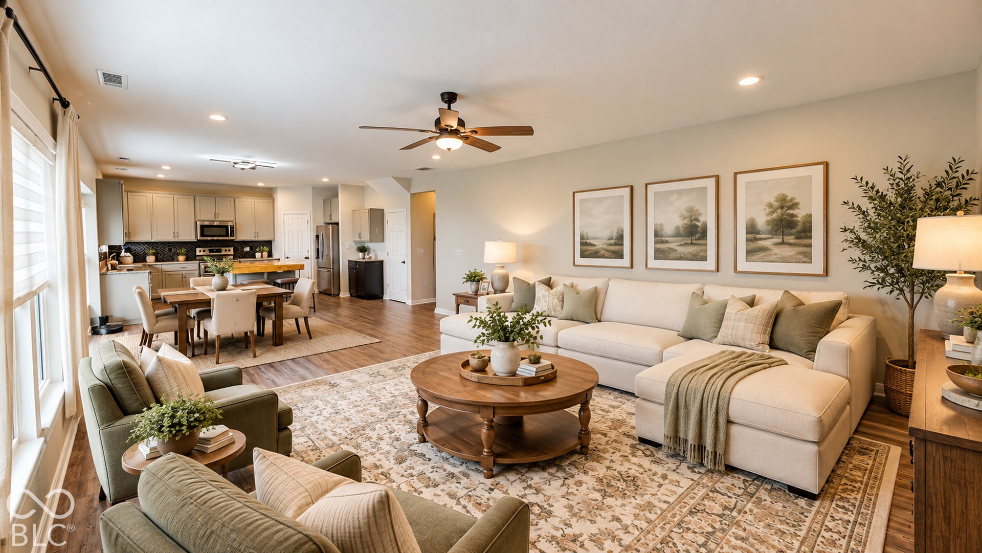 *AI ALTERED TO SHOW WHAT IT COULD LOOK LIKE *  | Open-concept living space featuring wood-finish flooring, recessed lighting, a ceiling fan, a kitchen with stainless steel appliances, and a dining area