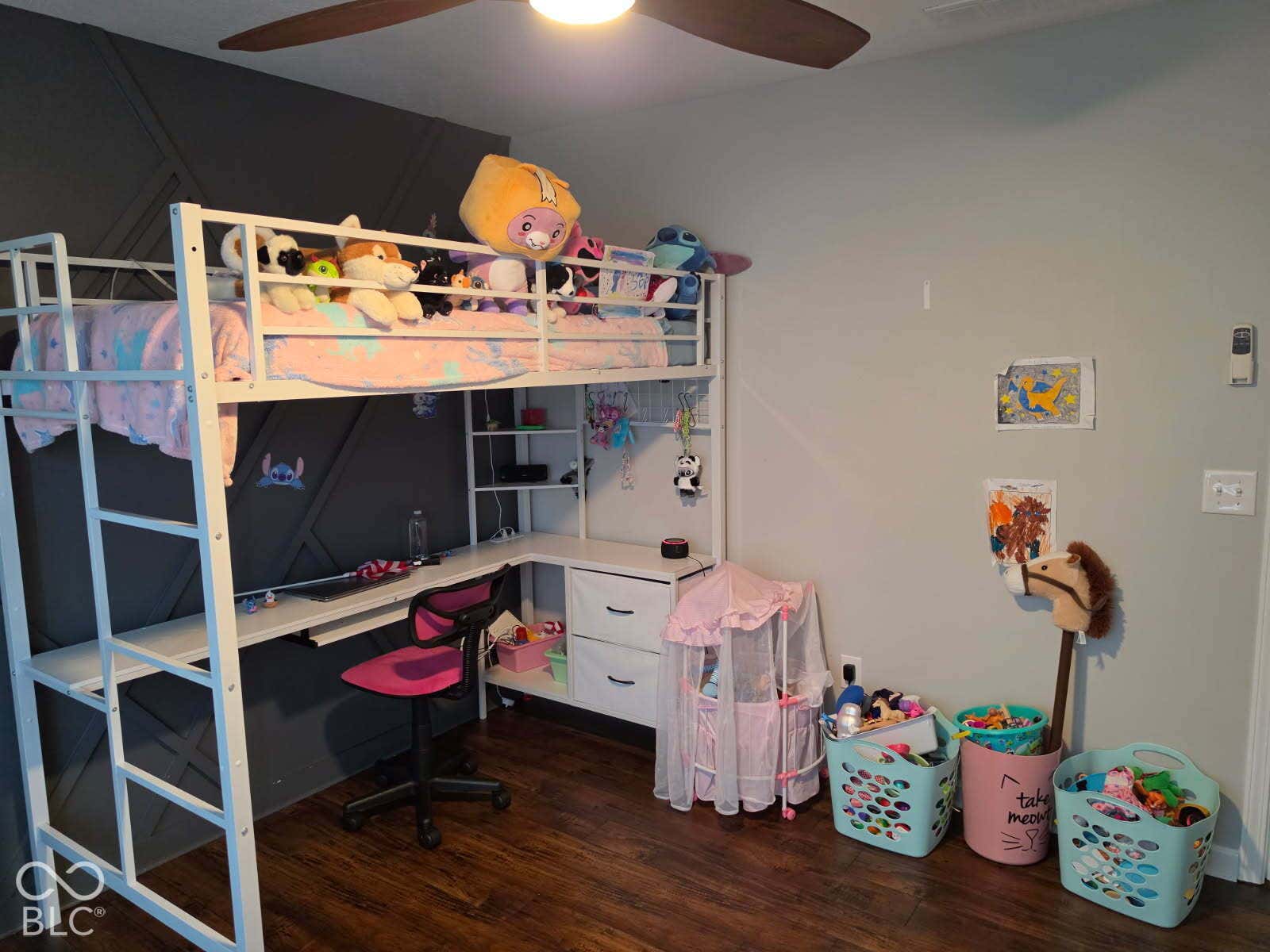 5579 W Turnbuckle Place, McCordsville, IN 46055 Bedroom 3, wood flooring, walk-in closet, ceiling fan.