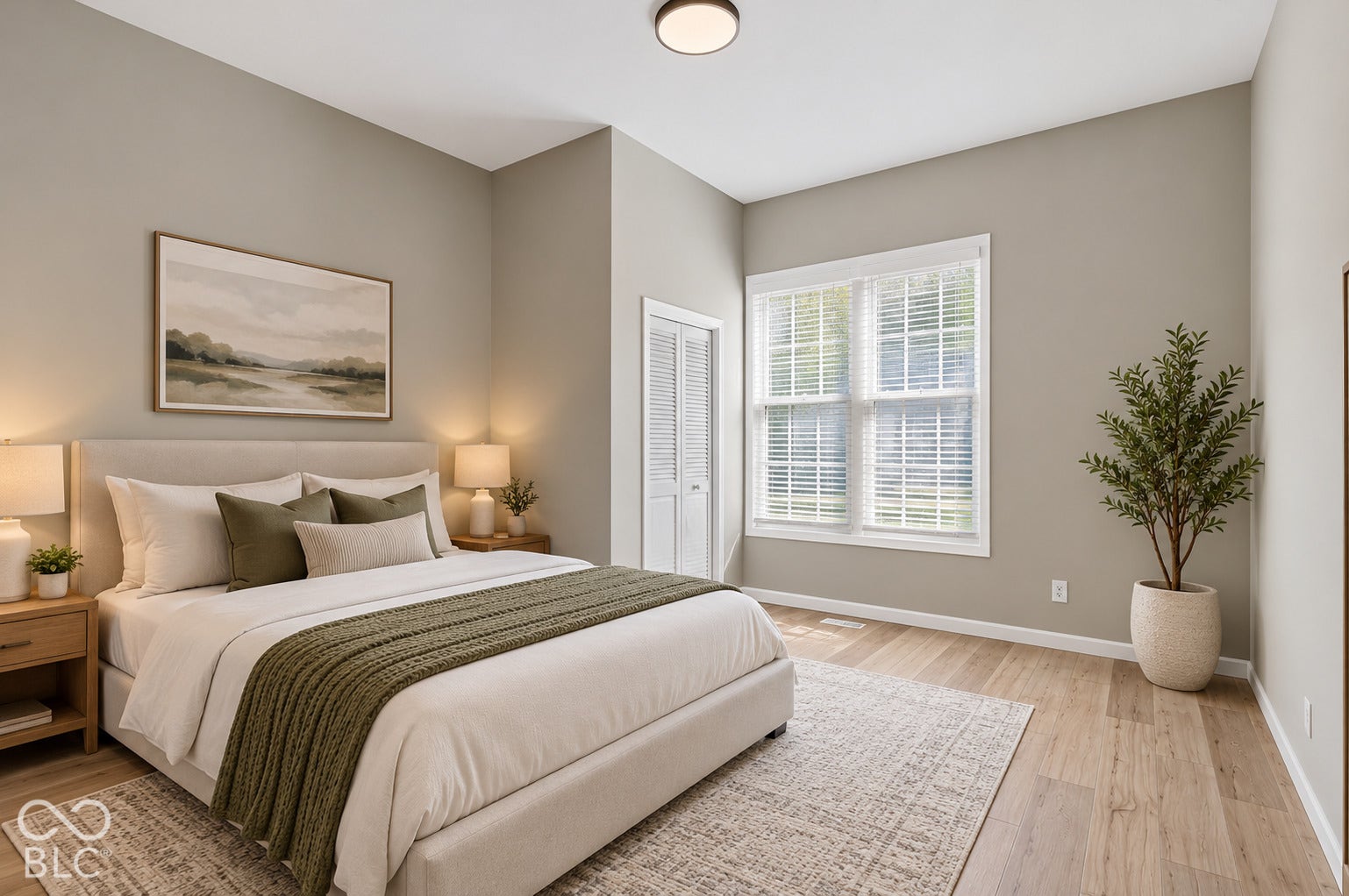 Virtually Altered - Neutral-toned interior featuring high ceilings, wood-finish flooring, dual-pane windows with fitted blinds, and a built-in louvered-door closet
