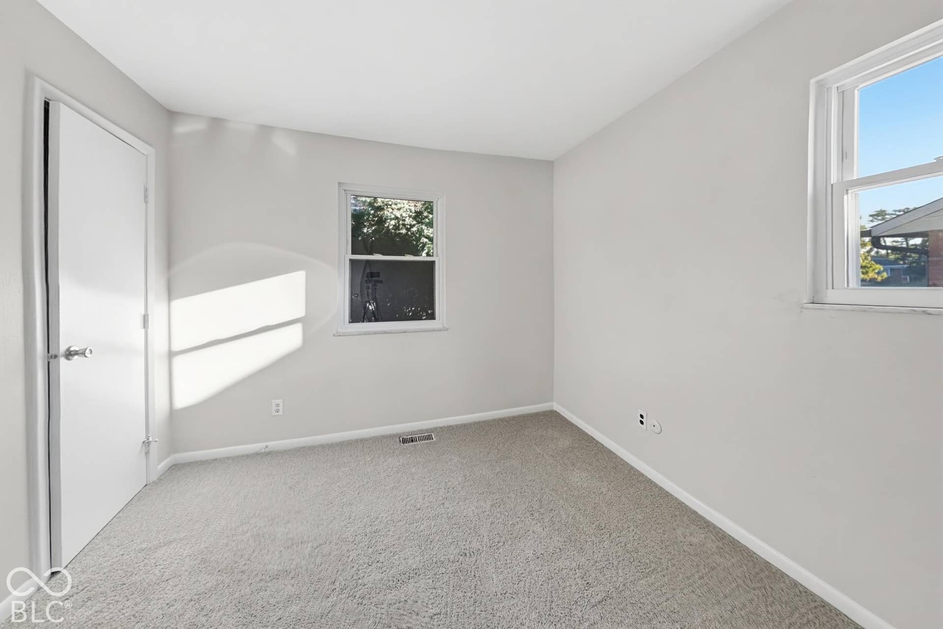 Carpeted flooring, white painted walls, and multiple windows
