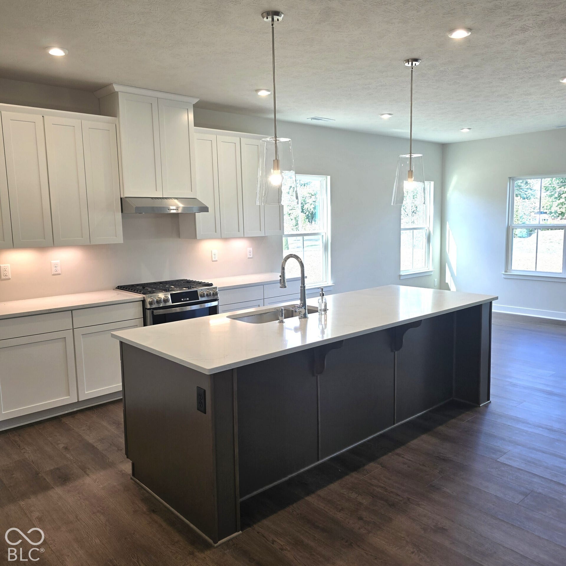 Kitchen featuring a large island with an undermount sink, pendant lighting, white cabinetry, stainless steel range with hood, and wood-finish flooring