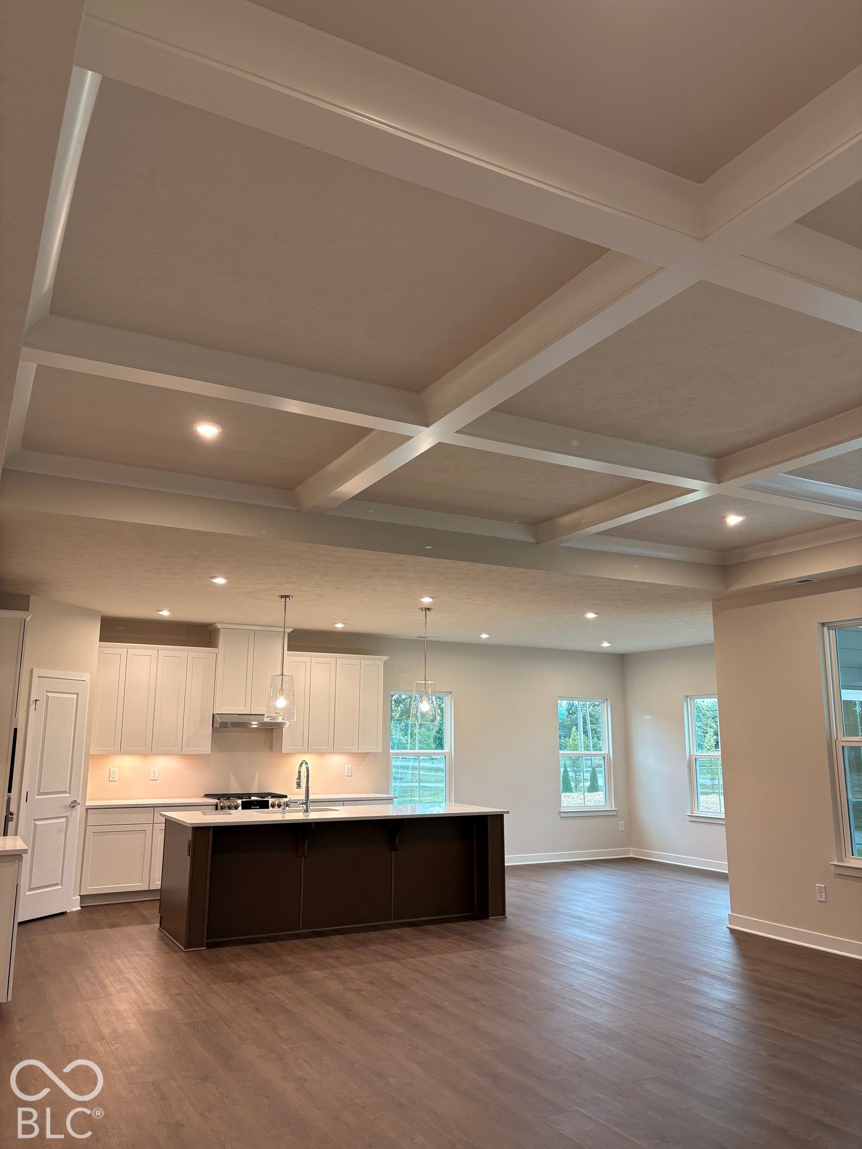 Coffered ceiling with recessed lighting