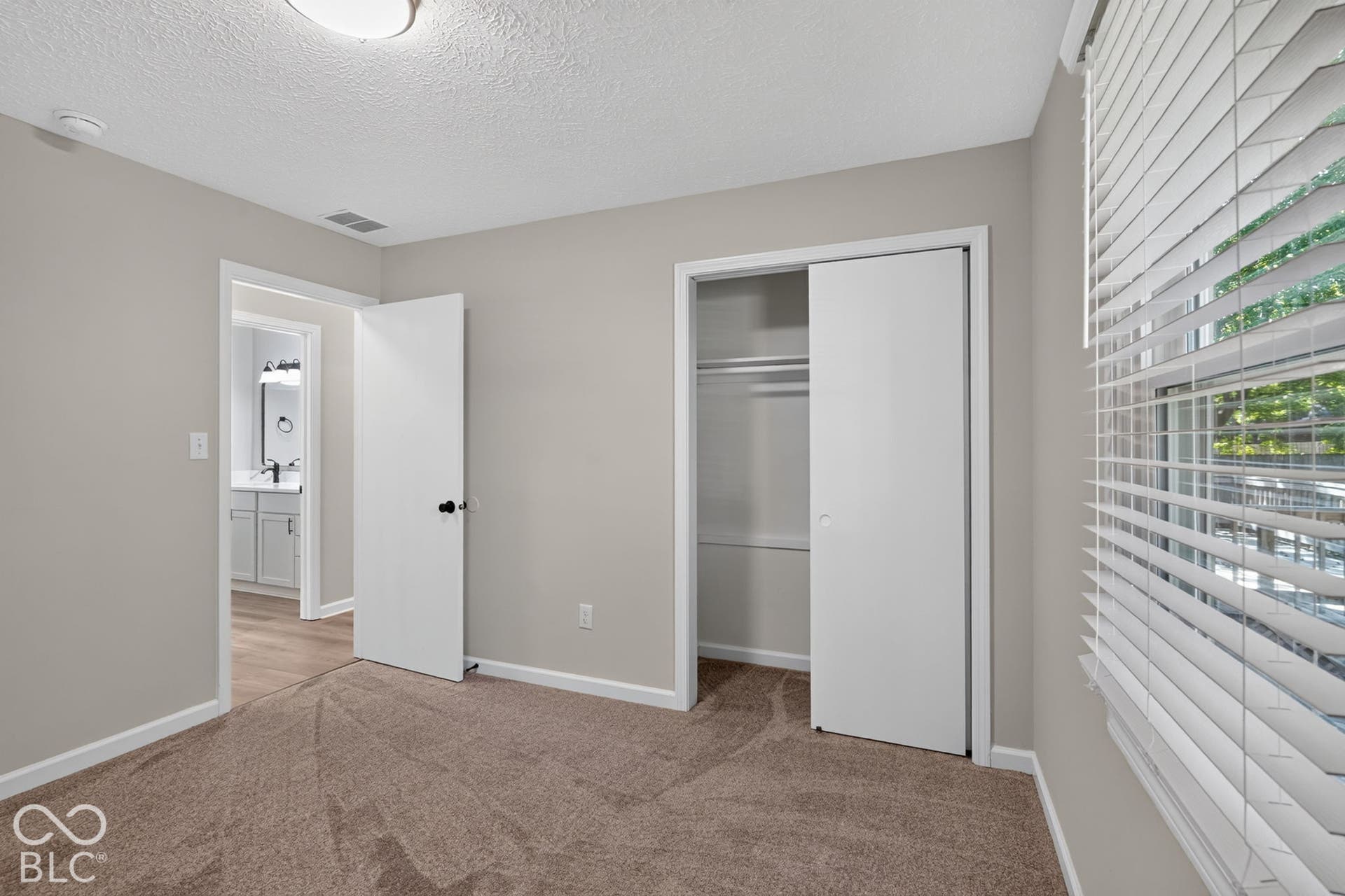 Wall-to-wall carpeting and neutral paint throughout