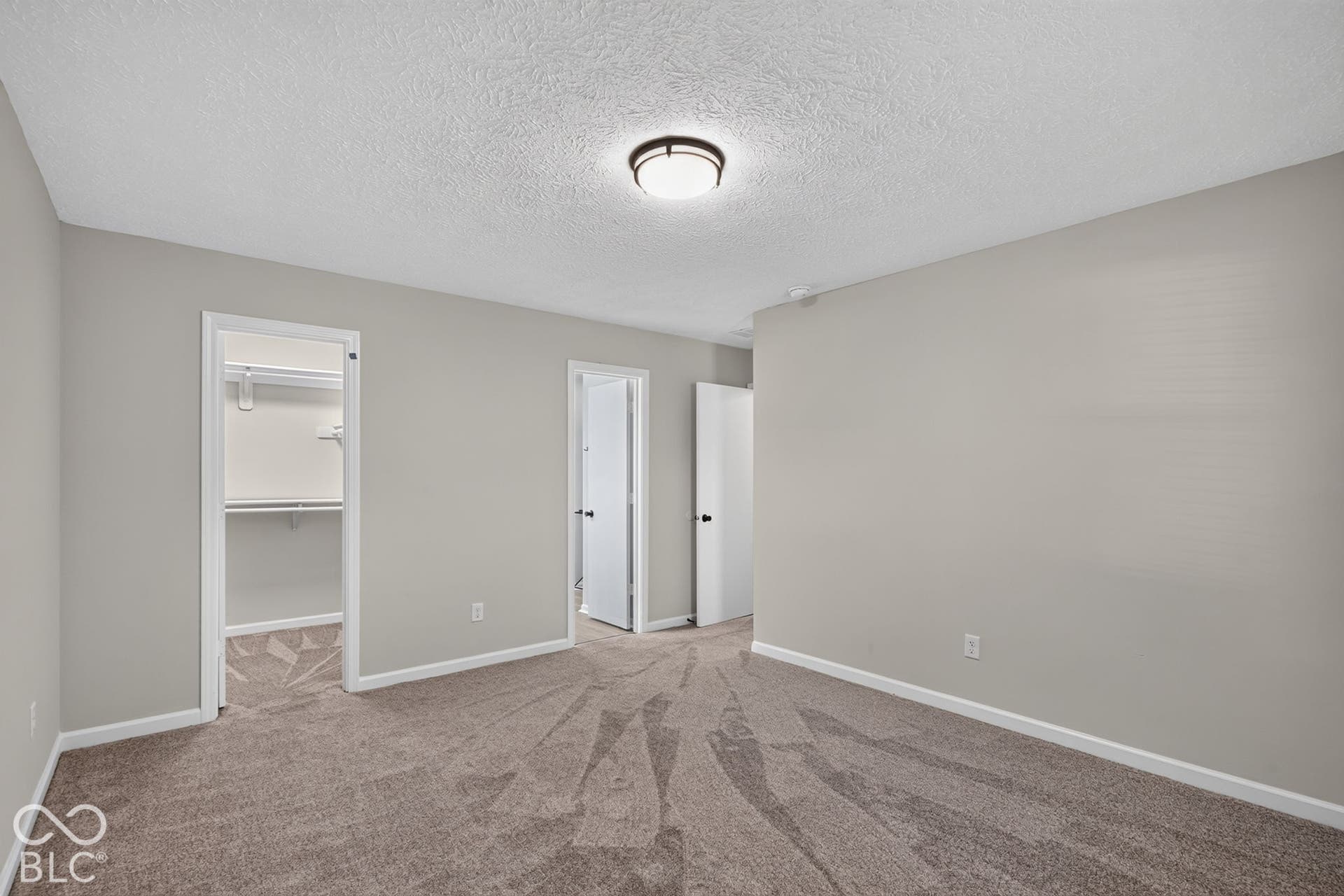 Wall-to-wall carpeting with a light grey finish, white interior doors, and a ceiling-mounted light fixture
