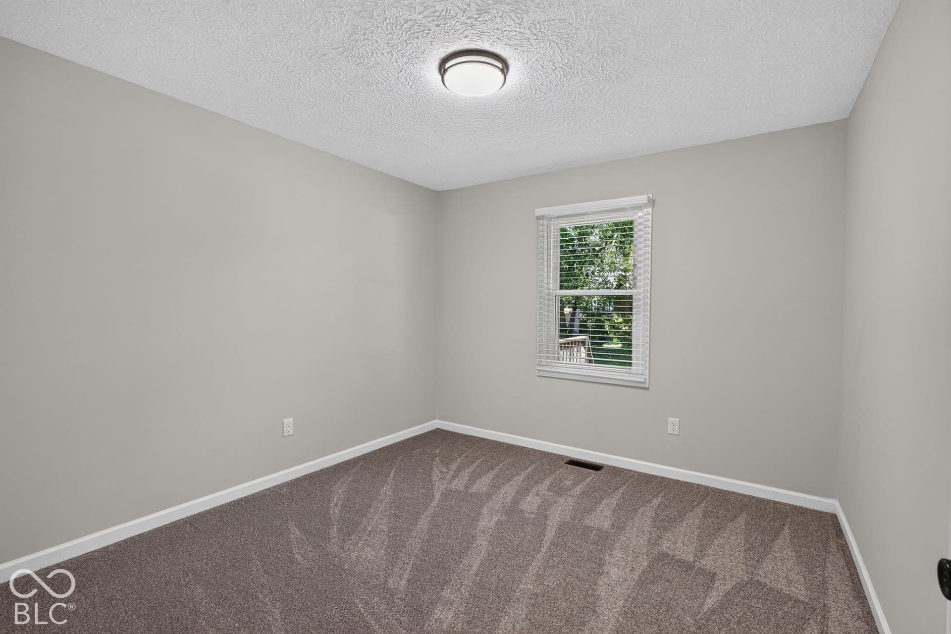 Neutral wall color, window with blinds, overhead flush mount light fixture, textured ceiling, and patterned carpeting