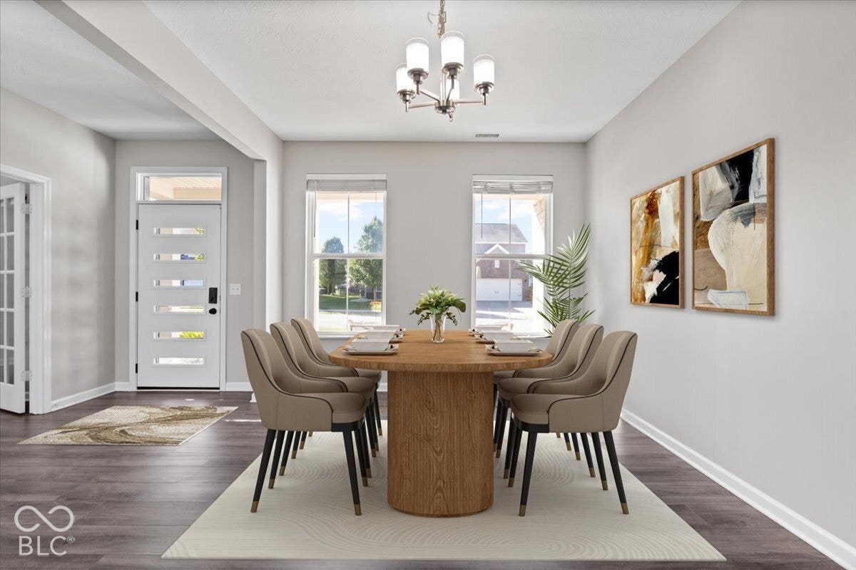 5570 W Stream Drive, McCordsville, IN 46055 Virtually Altered - Wood-finish flooring throughout, bright white walls, and a contemporary chandelier