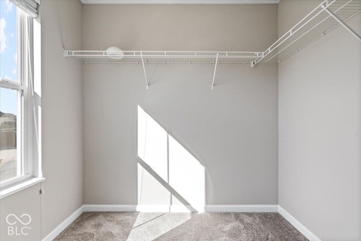 5570 W Stream Drive, McCordsville, IN 46055 Double-hung window, wall-to-wall carpeting, and wire shelving