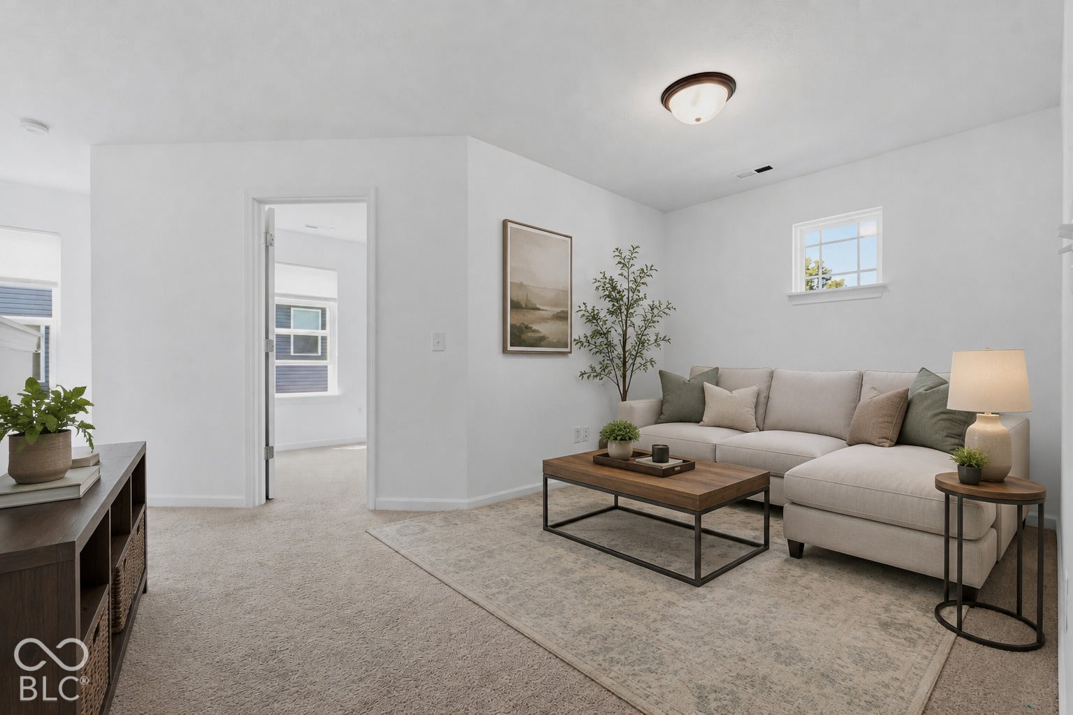 10525 Broadford Street, Indianapolis, IN 46239 Virtually Altered - Carpeted living area with white walls and a semi-flush mount ceiling light