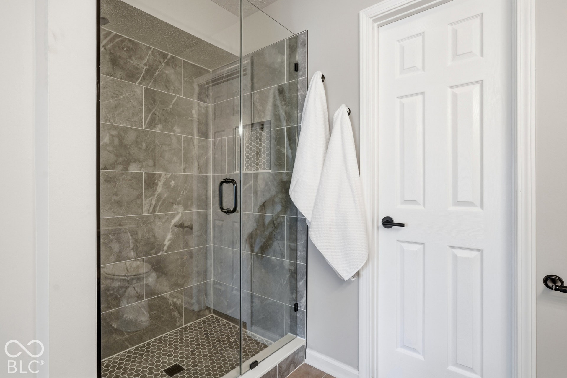 Glass-enclosed shower with large format wall tiles, hexagonal floor tiles, and a recessed niche