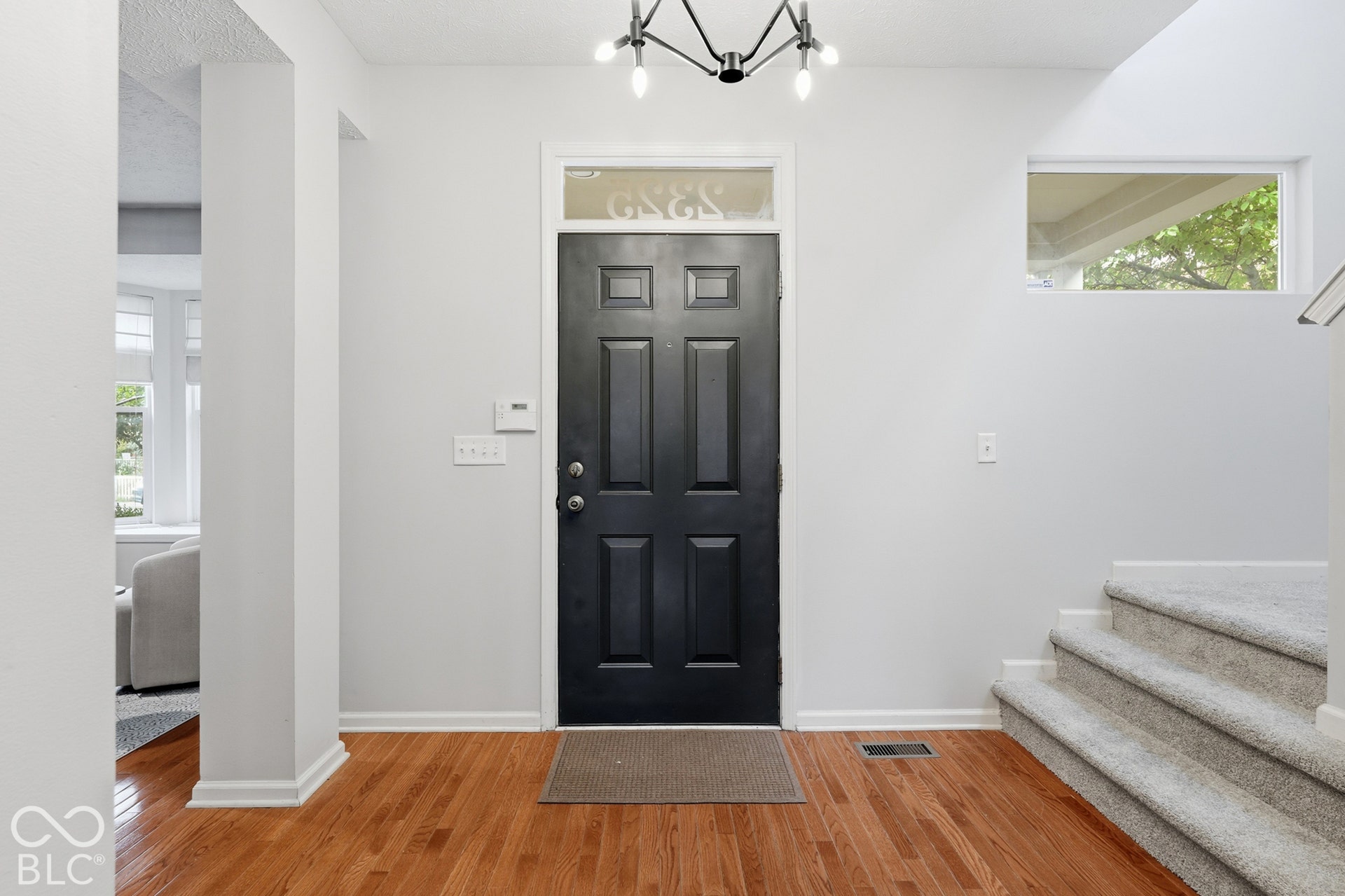 Hardwood flooring, paneled entry door with transom window, modern ceiling fixture, and carpeted stairs