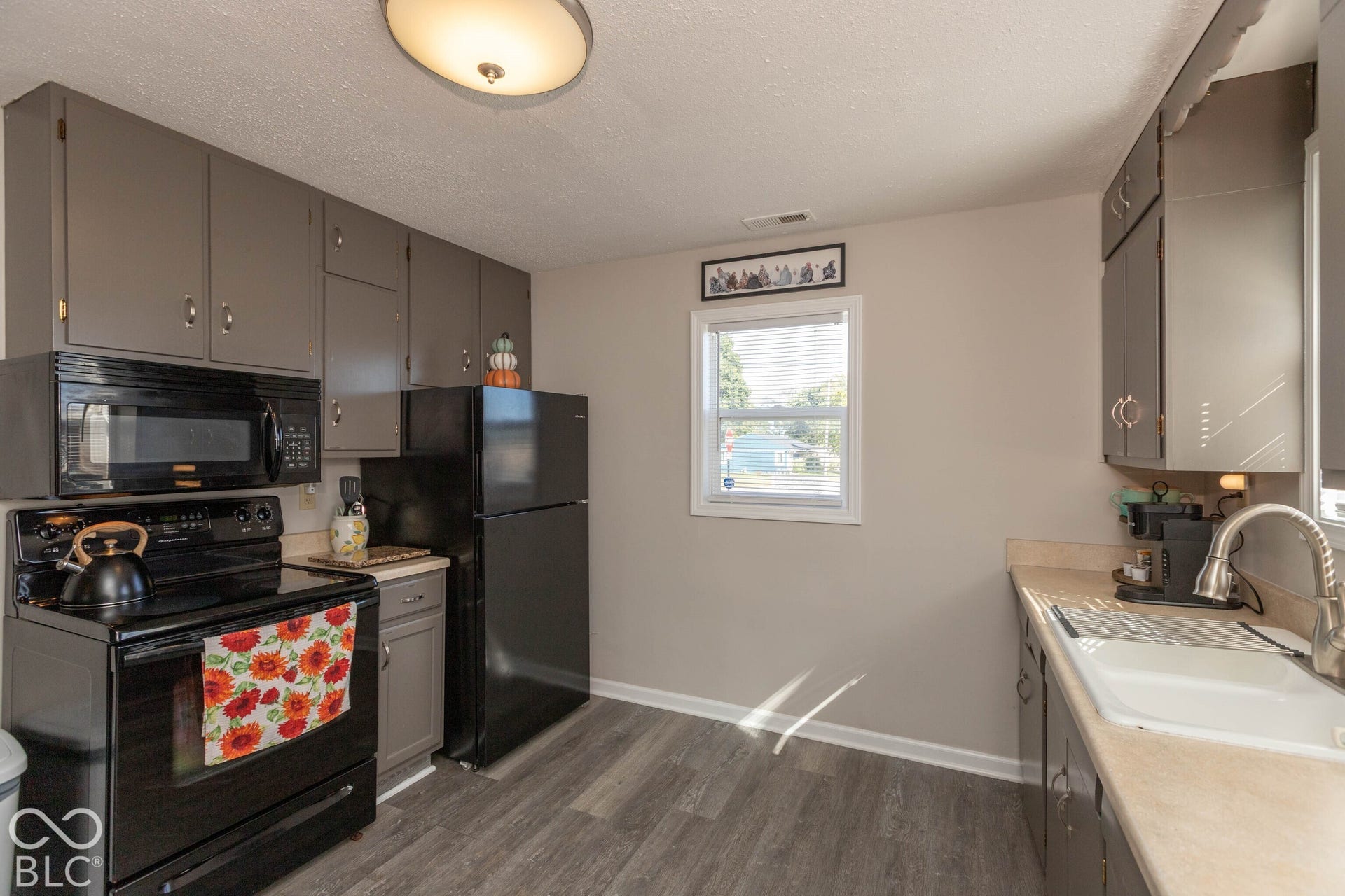 Kitchen featuring grey cabinetry, black appliances, wood-finish flooring, and a single-basin sink with a stainless steel faucet