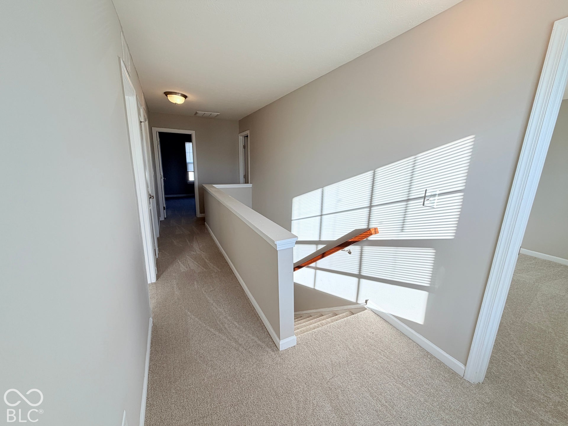 652 Classic Lane, Greenwood, IN 46143 Carpeted upper-level hallway with neutral wall tones, white trim, and a flush-mount ceiling light