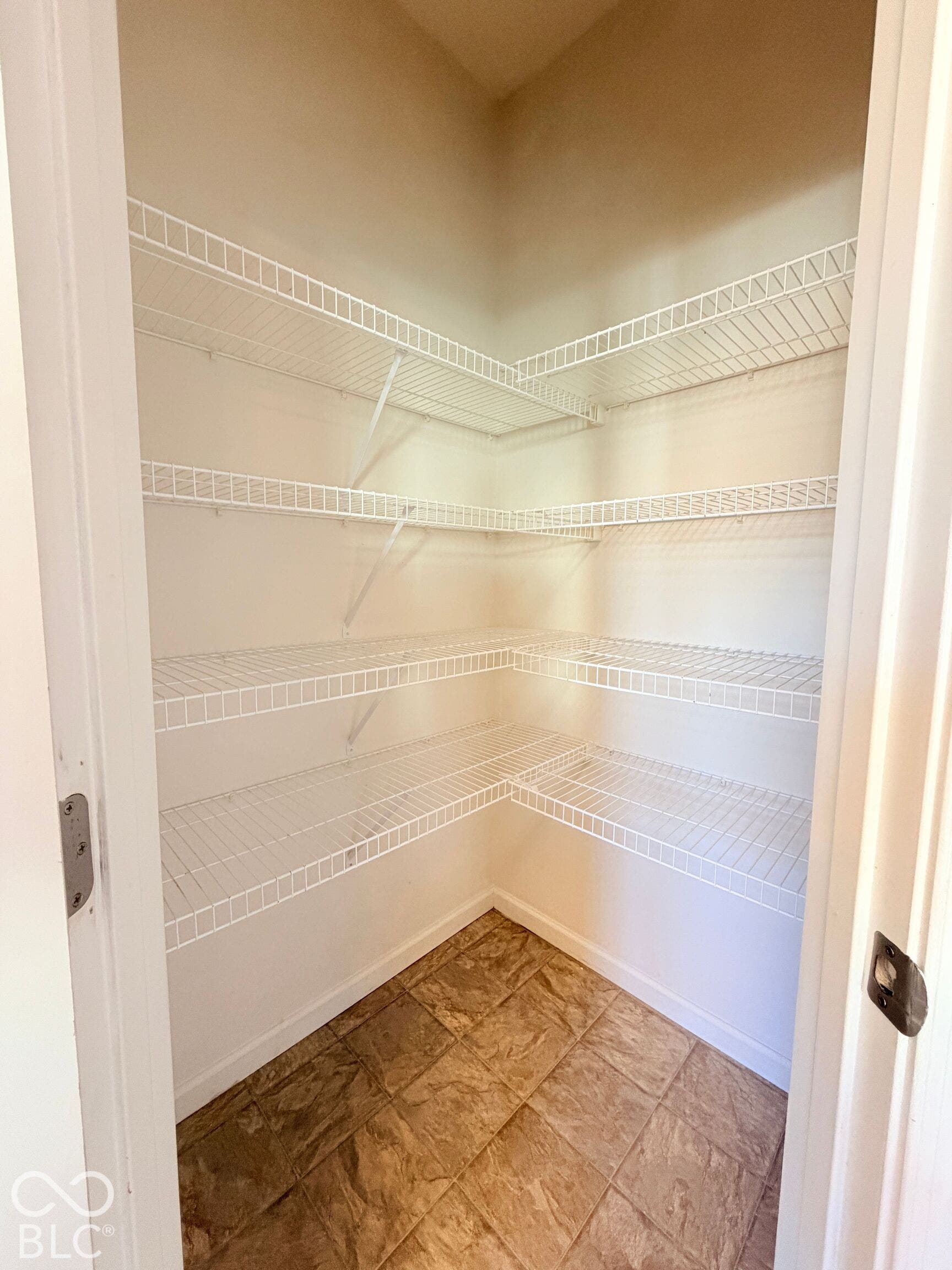 652 Classic Lane, Greenwood, IN 46143 Spacious corner pantry featuring multiple wire shelving units and patterned flooring