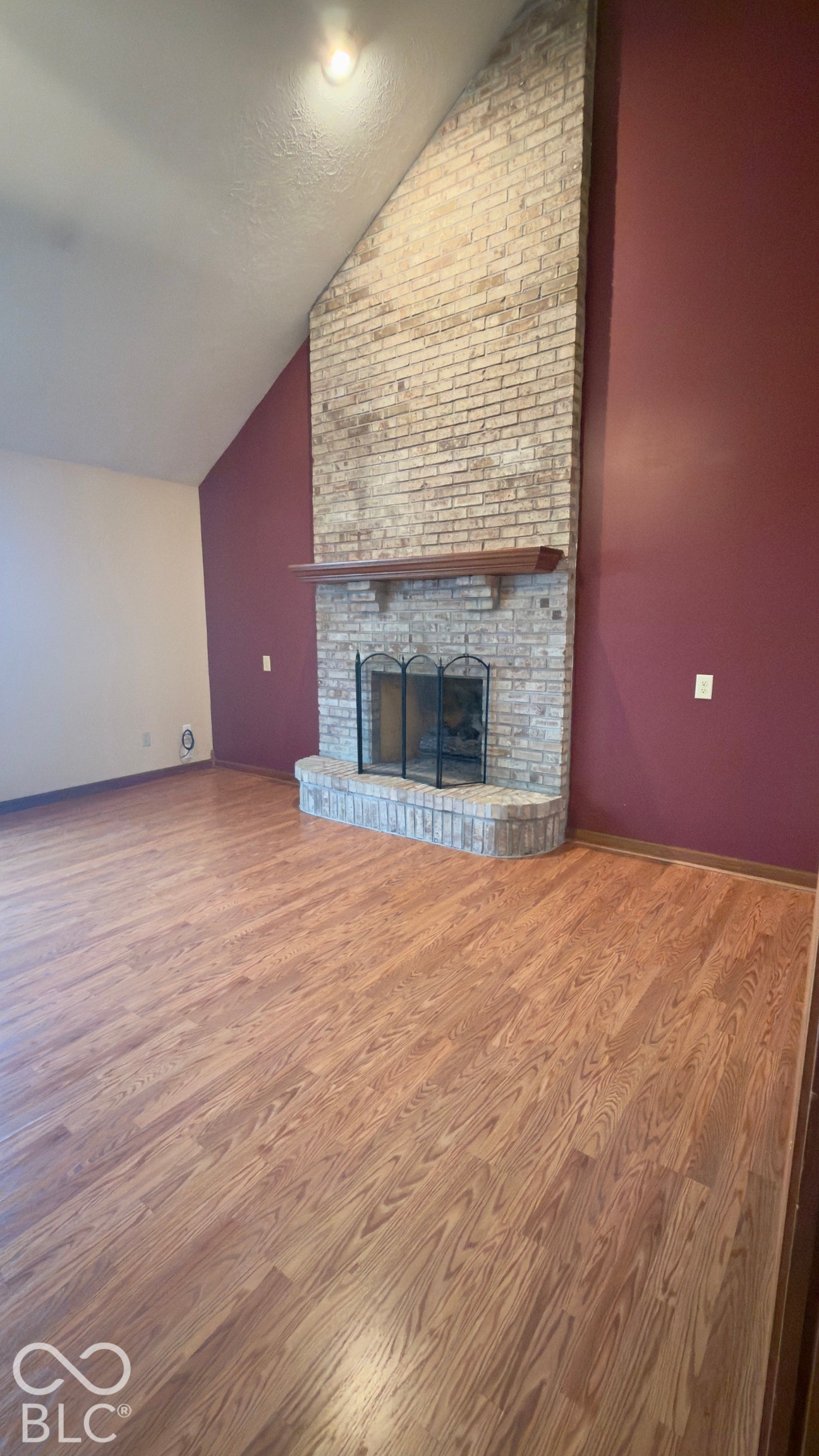 4034 W State Road 135 W, Trafalgar, IN 46181 Vaulted ceiling, brick fireplace with mantel, wood-finish flooring, and two-tone wall paint