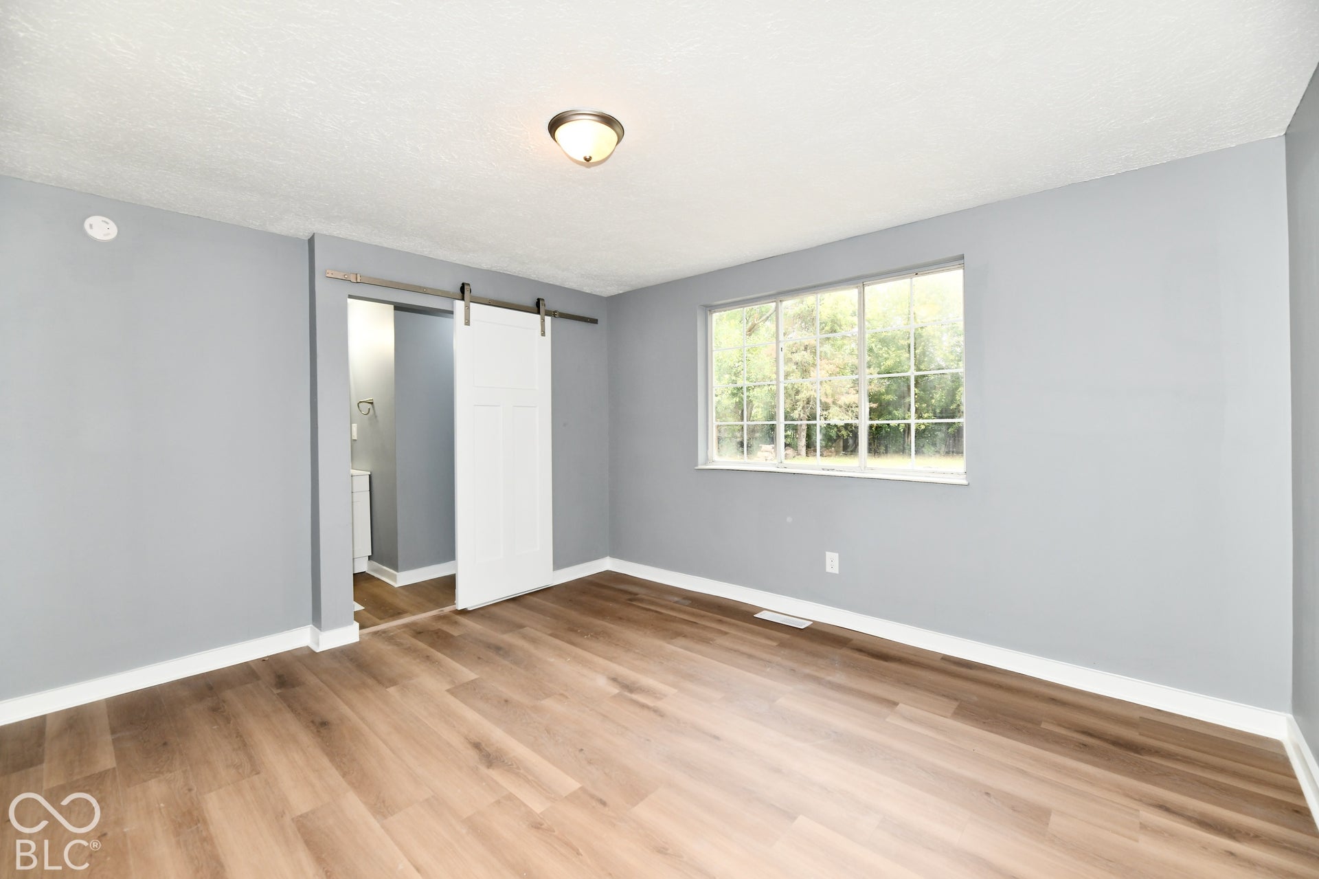 Neutral-toned room featuring wood-finish flooring, a white sliding barn-style door, and a multi-pane window
