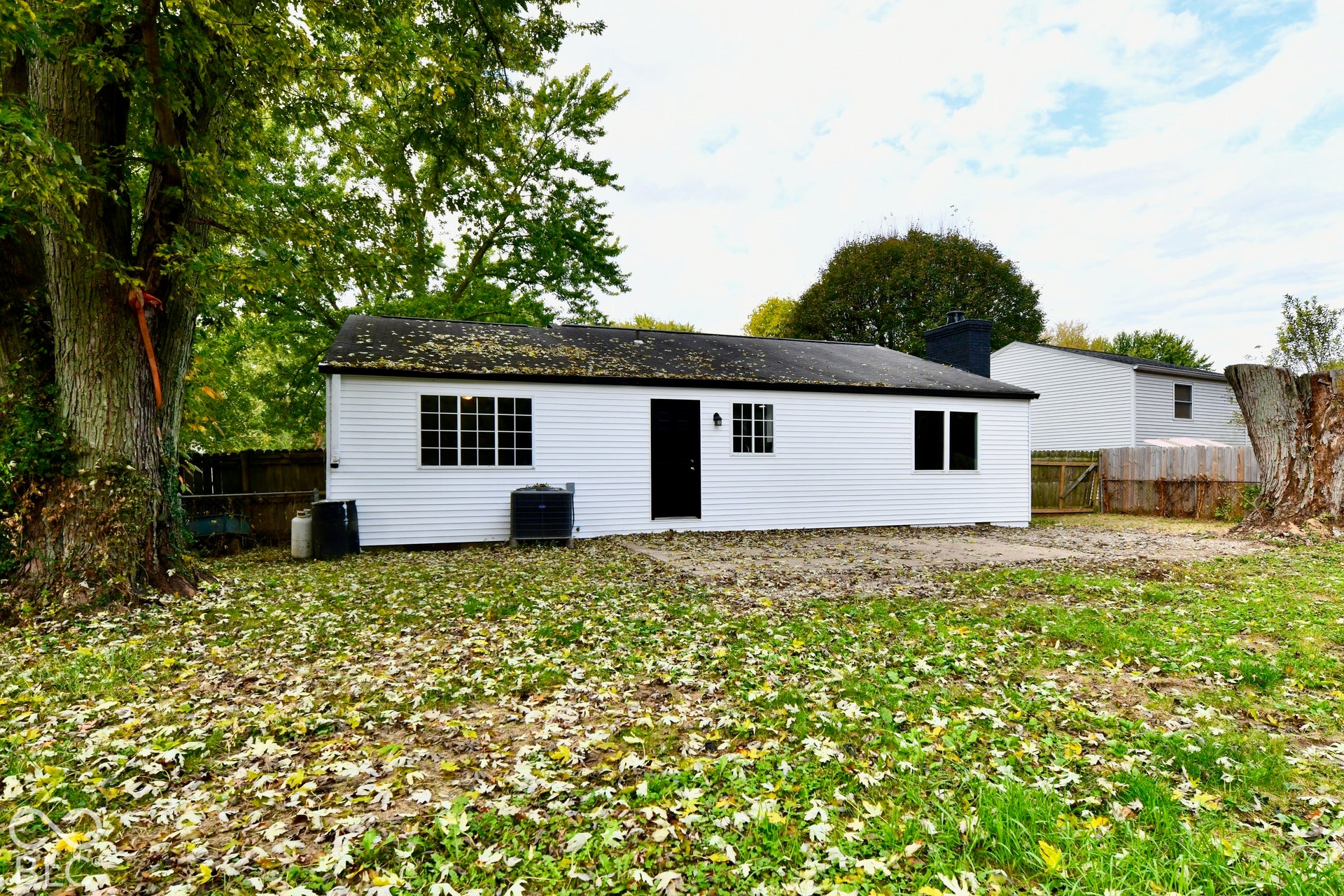 Exterior featuring white horizontal siding, dark-toned roof shingles, a black entrance door, a concrete patio, and mature trees