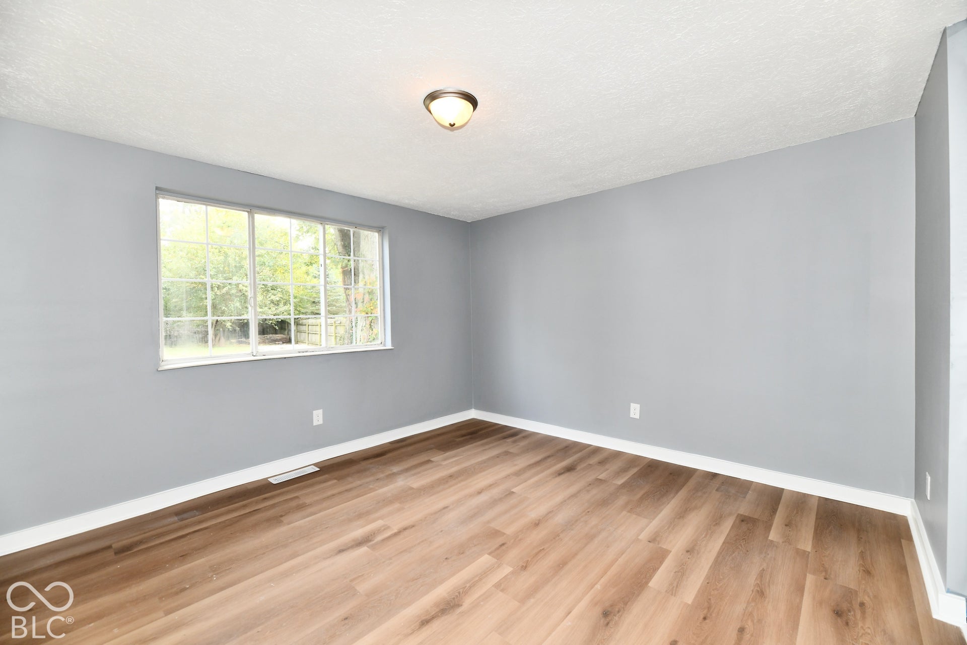 Neutral-toned wall finish, wood-finish flooring, multi-pane window, and flush-mount ceiling fixture