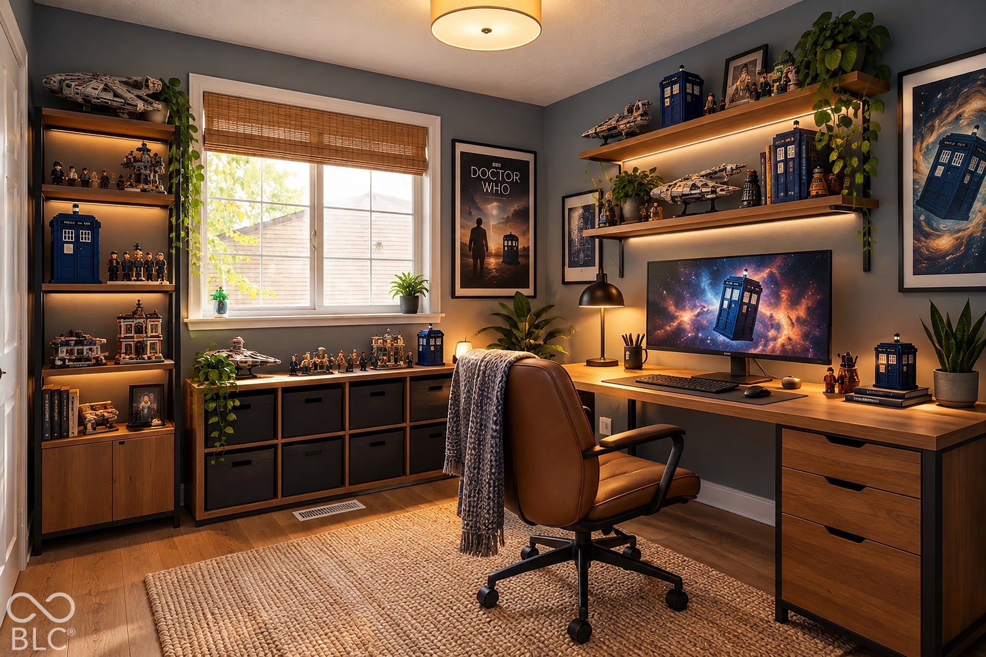 Virtually Altered - Built-in wood shelving with integrated task lighting, custom wall-to-wall wood desk with integrated drawer storage, and a large multi-pane window featuring a woven shade