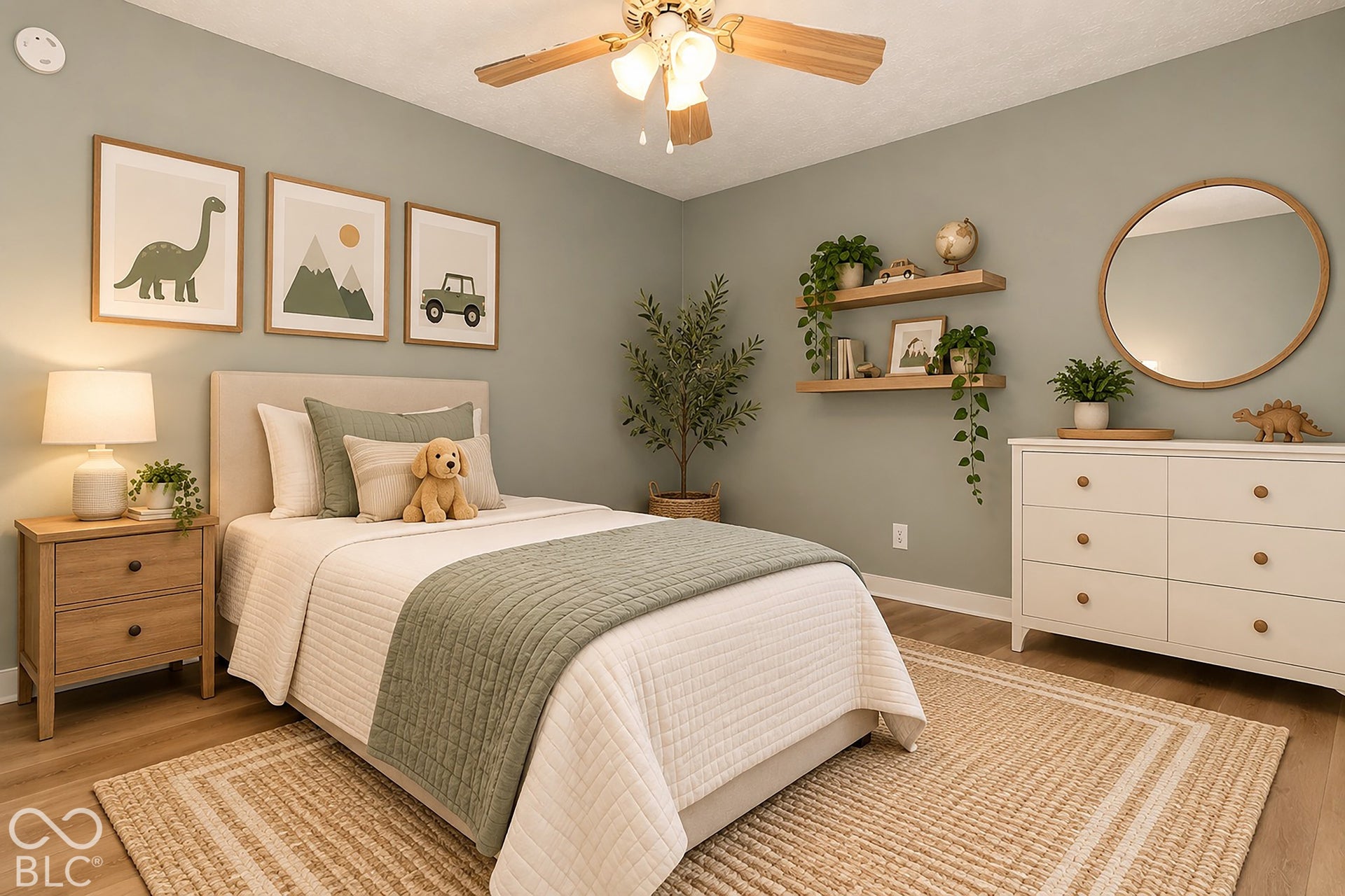 Virtually Altered - Neutral-toned walls featuring two built-in floating wood shelves, wood-finish flooring, and a ceiling-mounted light fixture with a fan