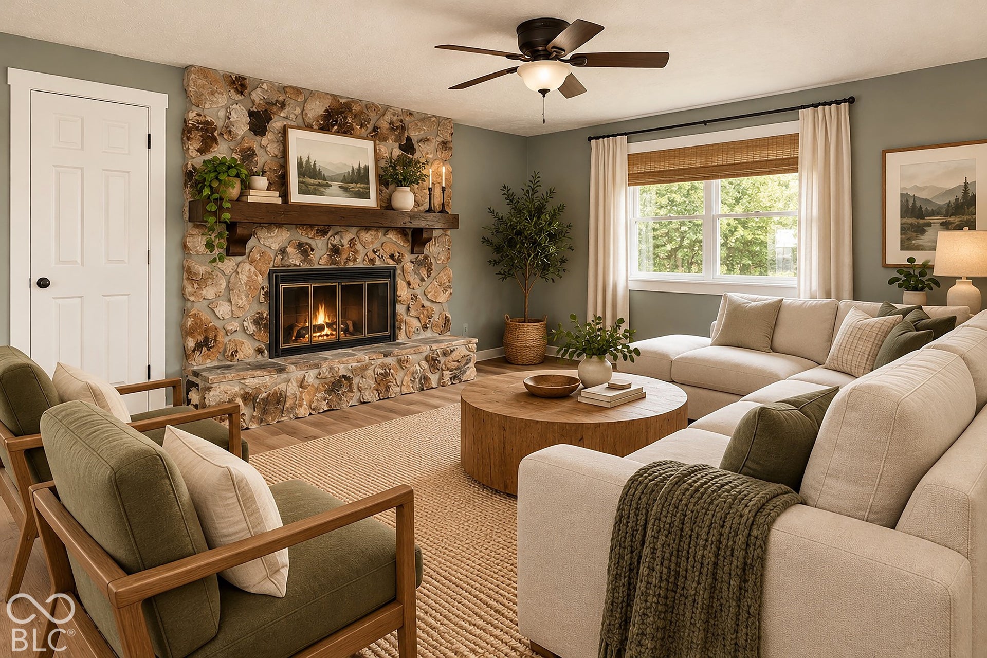 Virtually Altered - Full-height natural stone fireplace featuring a prominent wood mantel, wood-finish flooring, and a ceiling fan with integrated lighting