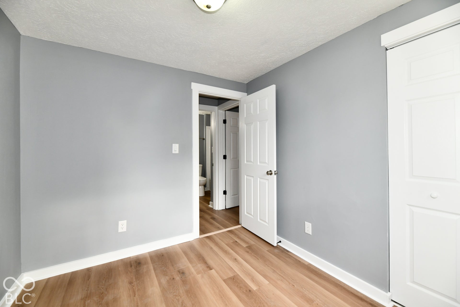 Neutral gray wall paint, wood-finish flooring, white six-panel interior doors, and a built-in closet with white-finish doors
