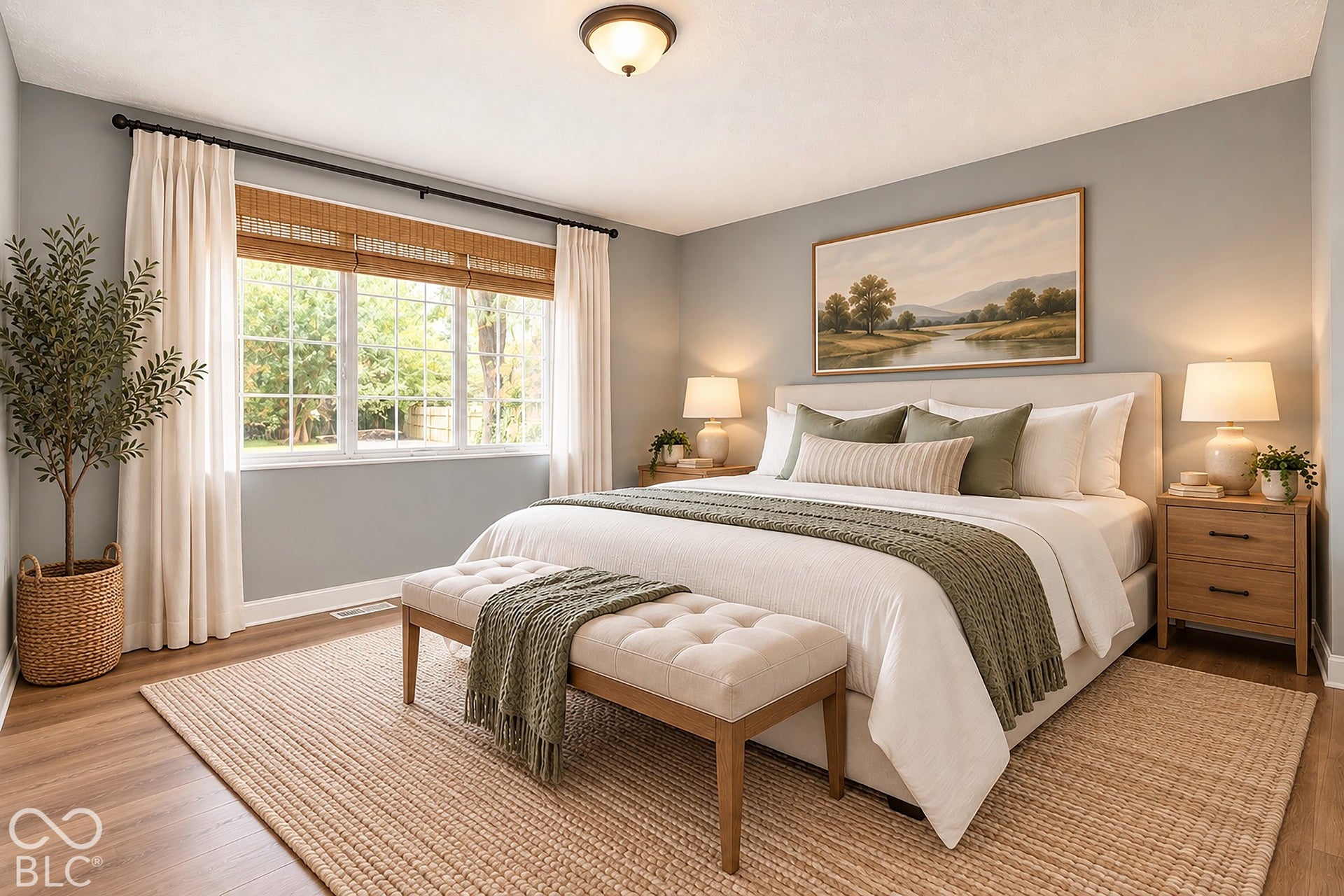 Virtually Altered - Multi-pane window with woven shades, neutral wall tone, and wood-finish flooring