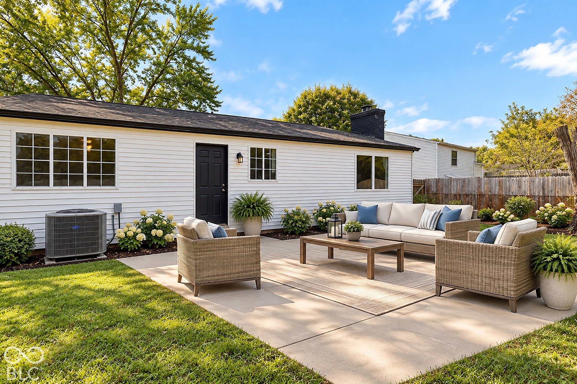 Virtually Altered - Rear exterior featuring white horizontal siding, a concrete patio, exterior wall-mounted lighting, and a fenced backyard with mature landscaping