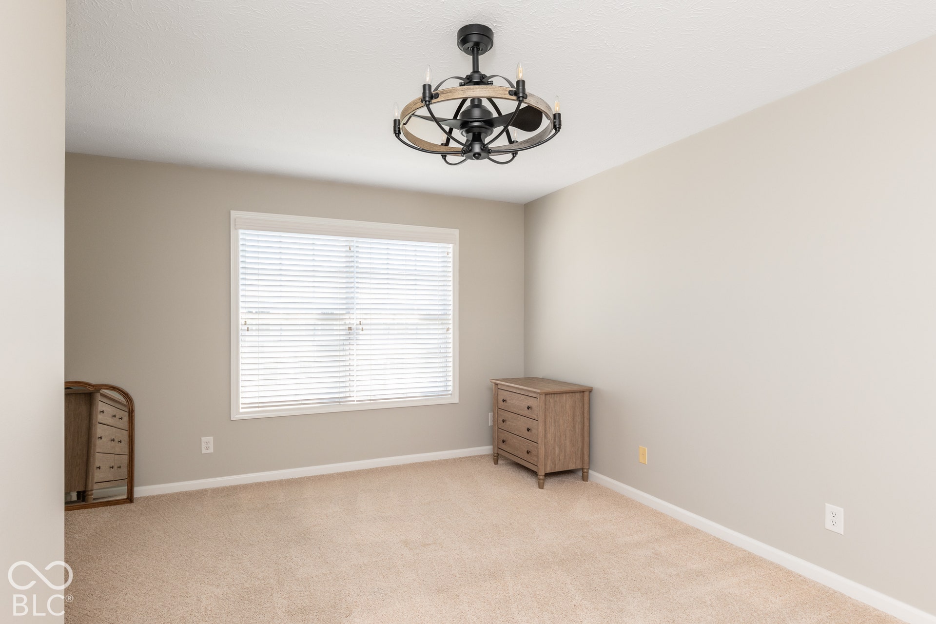 Carpeted room featuring a window with blinds, ceiling-mounted light fixture, and light-colored wall paint