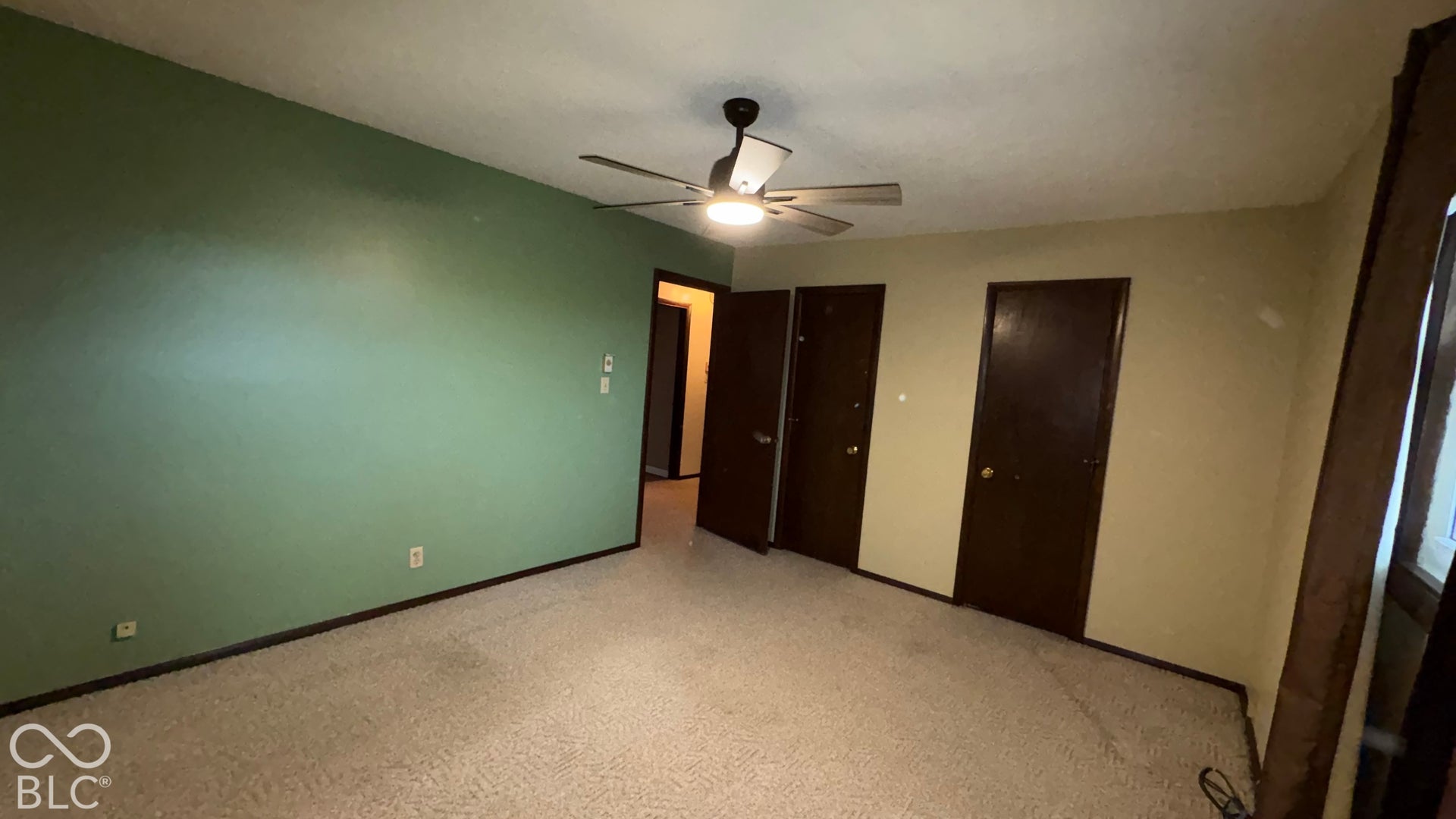 402 E Jackson Street, Farmland, IN 47340 Room with carpeting, a ceiling fan with integrated lighting, and multiple dark wood-finish doors